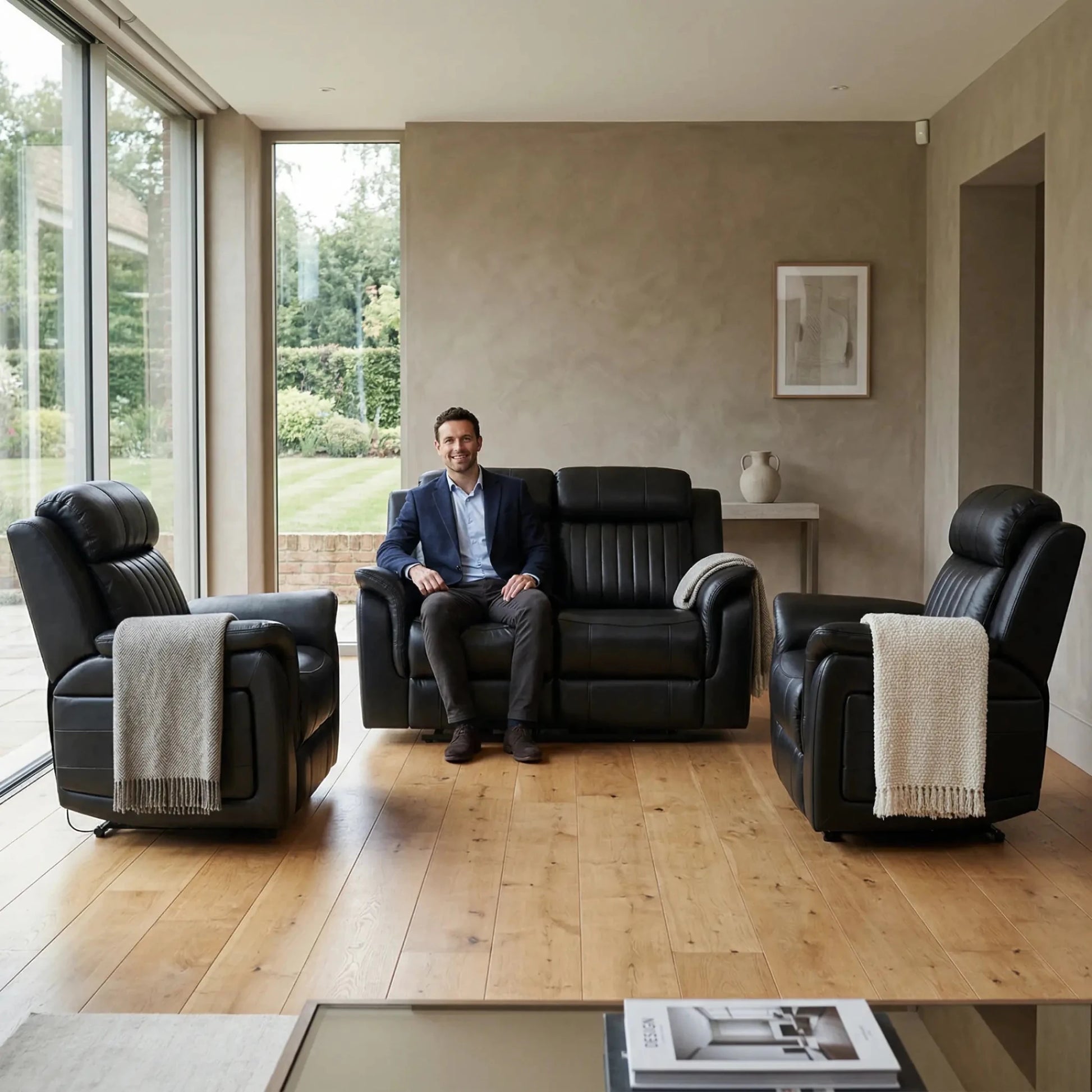 Cidliano Genuine Leather Black Electric Power Recliner 2+1+1 Seater Sofa Set - Furniture Instore