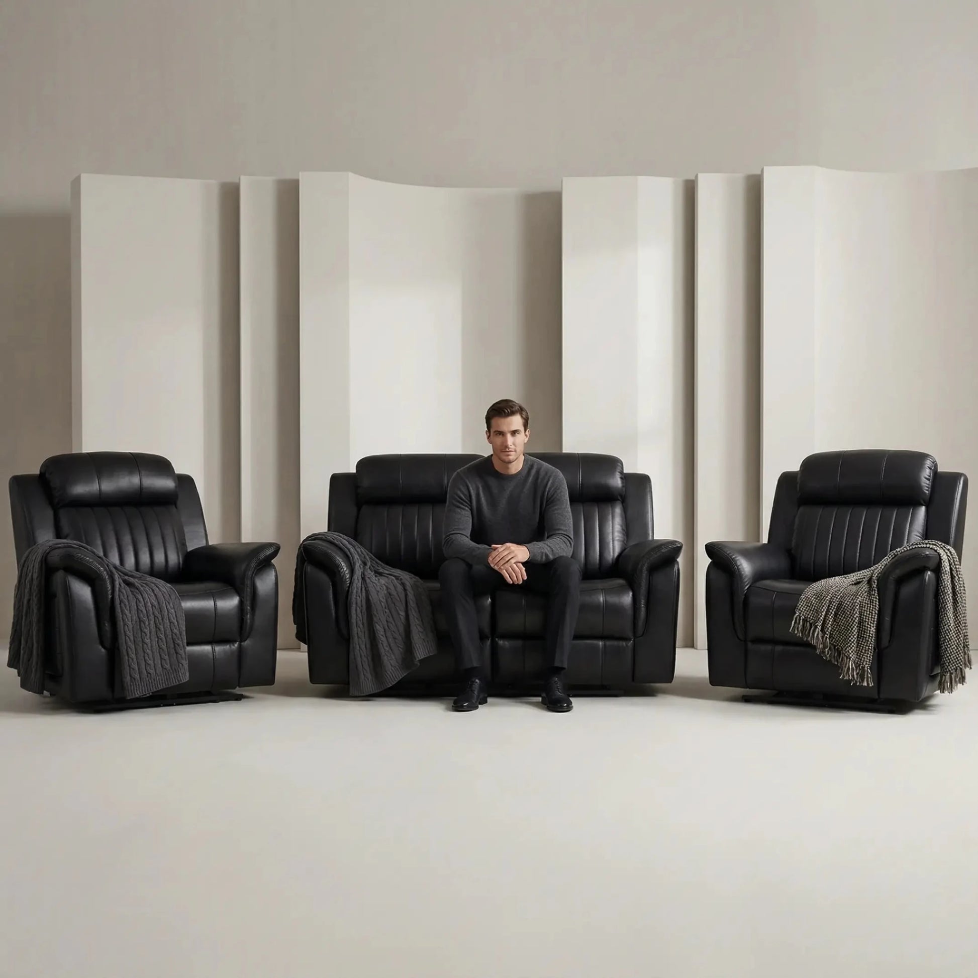 Cidliano Genuine Leather Black Electric Power Recliner 2+1+1 Seater Sofa Set - Furniture Instore