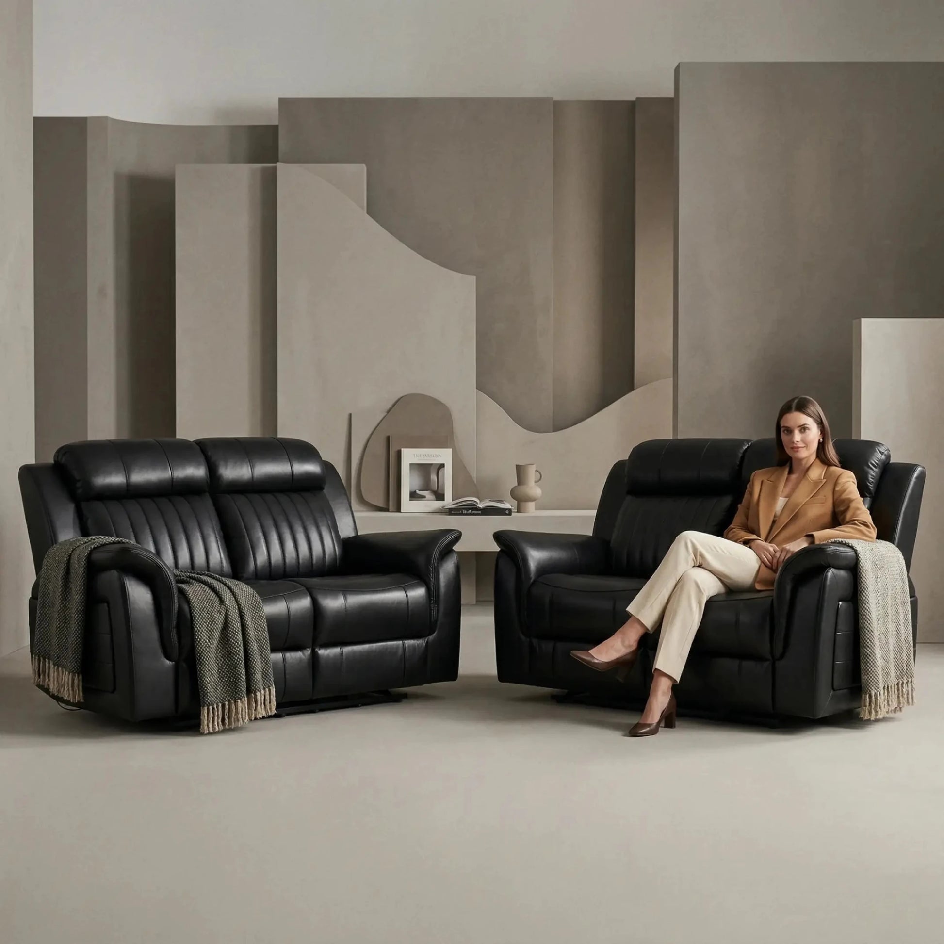 Cidliano Genuine Leather Black Electric Power Recliner 2+2 Seater Sofa Set - Furniture Instore