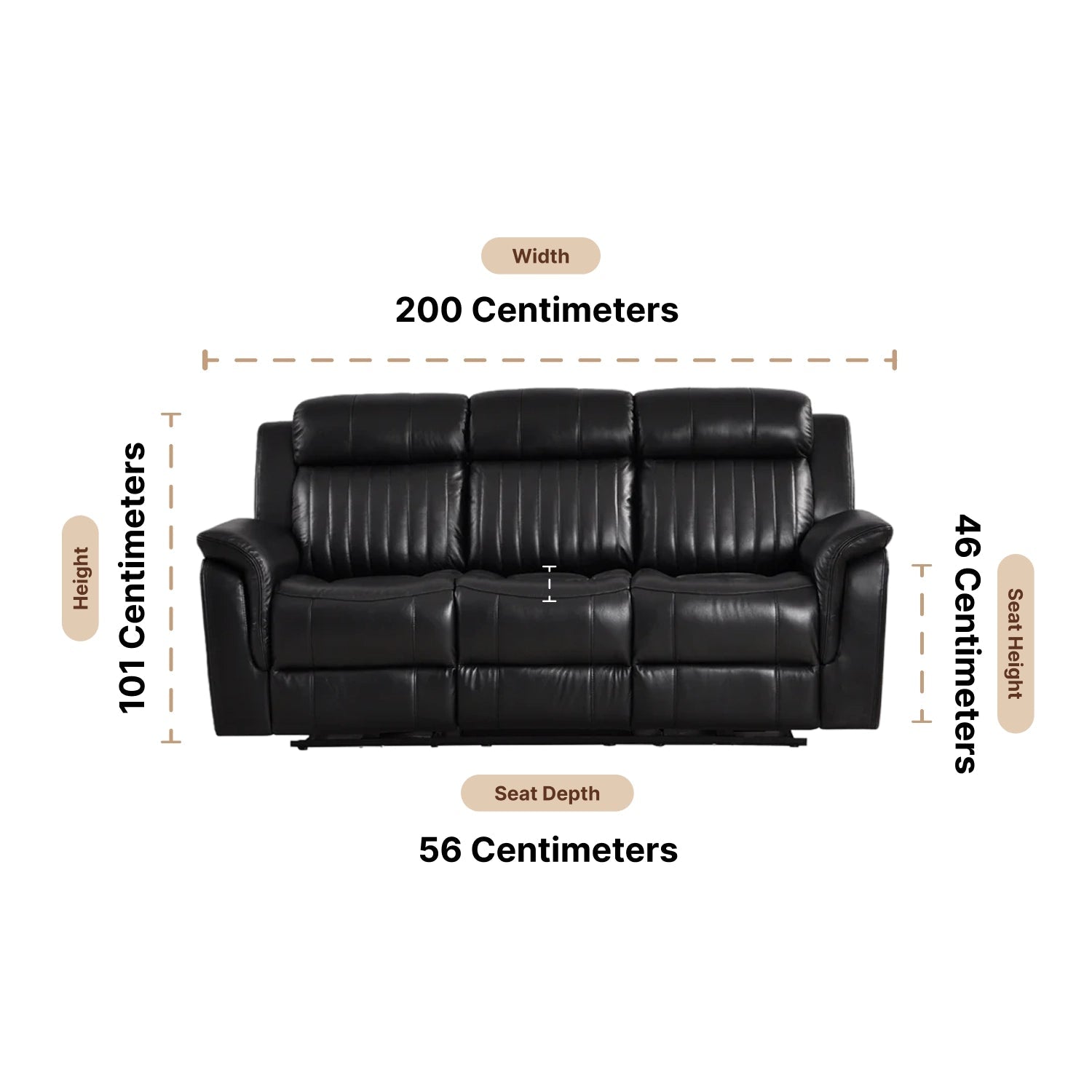 Cidliano Genuine Leather Black Electric Power Recliner 3 Seater Sofa Dimensions