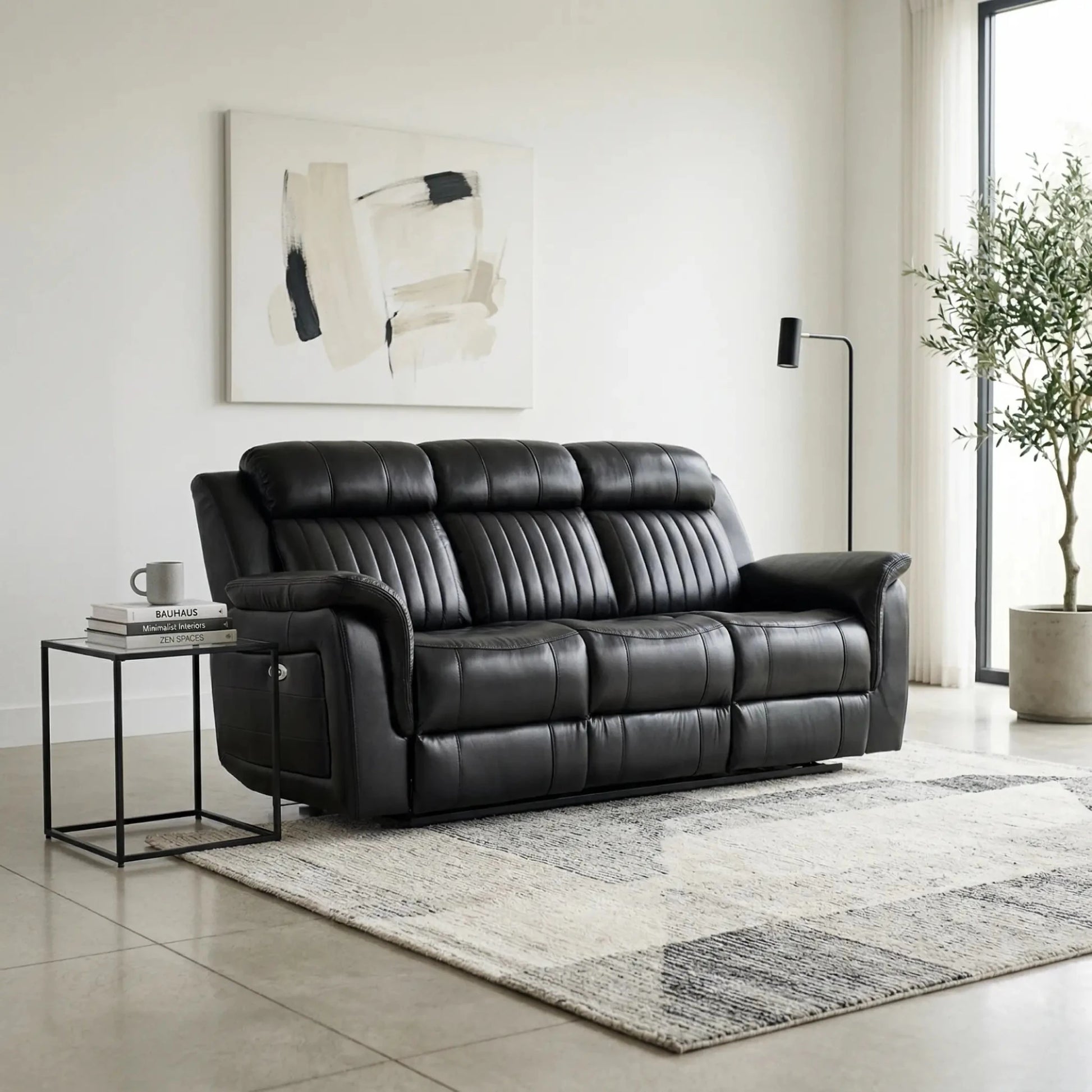 Cidliano Genuine Leather Black Electric Power Recliner 3 Seater Sofa - Furniture Instore