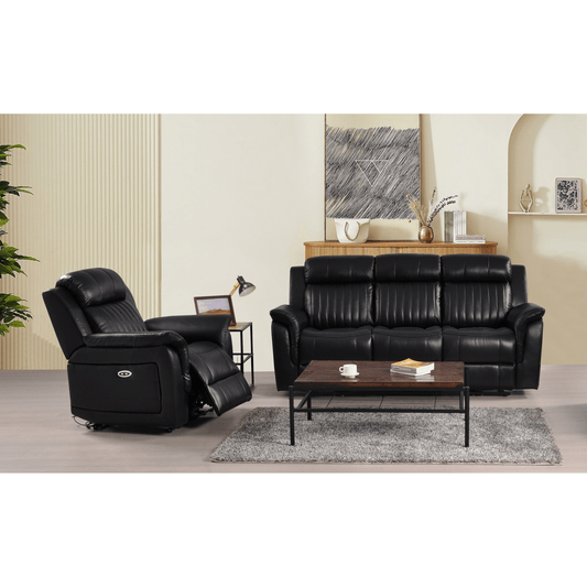 Cidliano 3-seater sofa with 1 armchair (3+1) front-facing in a stylish roomset with contemporary decor and warm ambient lighting.