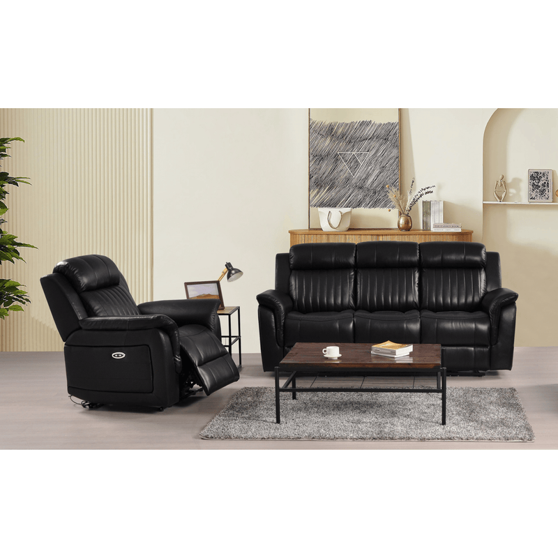 Cidliano 3-seater sofa with 1 armchair (3+1) front-facing in a stylish roomset with contemporary decor and warm ambient lighting.