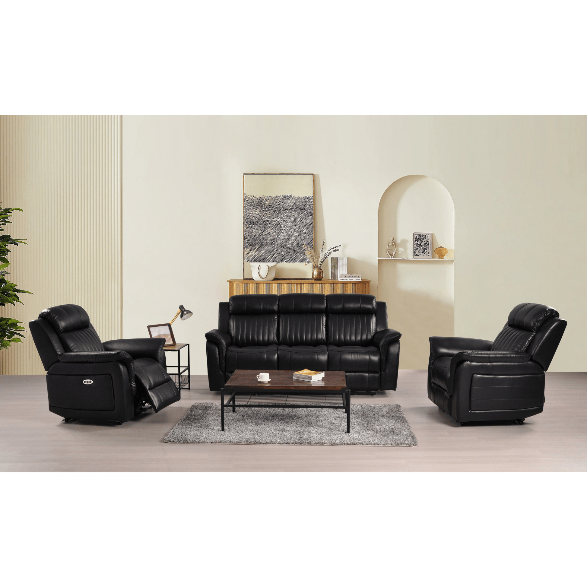 Cidliano 3-seater sofa with 2 armchairs (3+1+1) front-facing in a contemporary roomset with elegant decor and warm ambient lighting.