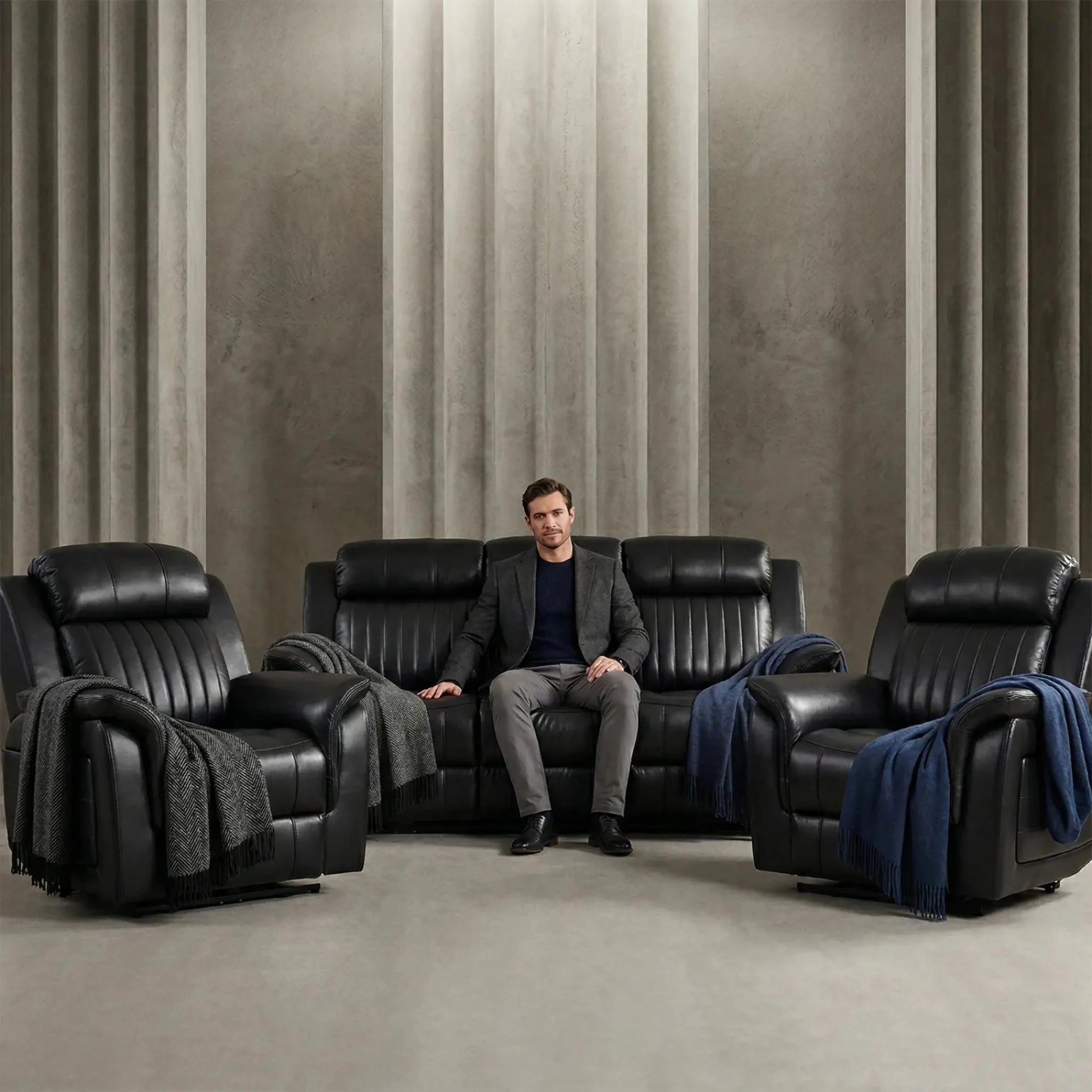 Cidliano Genuine Leather Black Electric Power Recliner 3+1+1 Seater Sofa Set - Furniture Instore