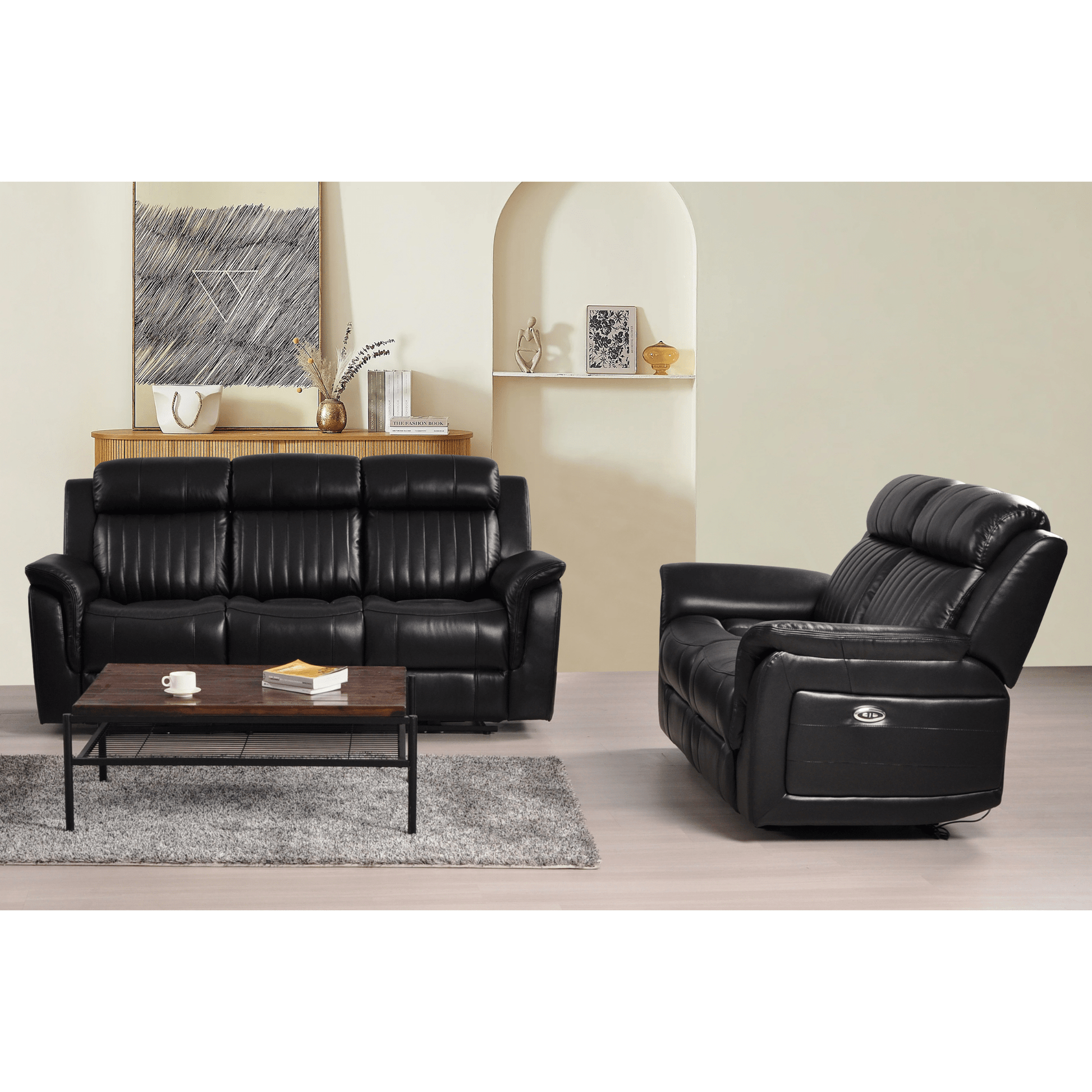 Cidliano 3-seater sofa with 2-seater loveseat (3+2) front-facing in a stylish roomset with contemporary decor and warm ambient lighting.