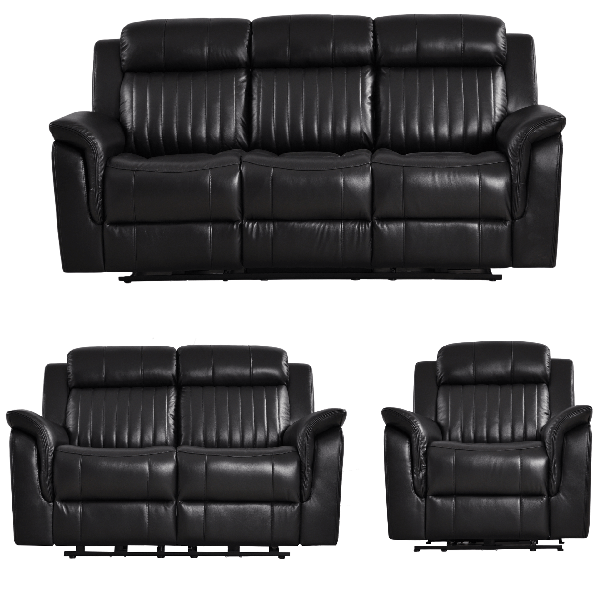 Cidliano black 3+2+1 sofa combo front-facing on a white background, showcasing its sleek design and matching upholstery.