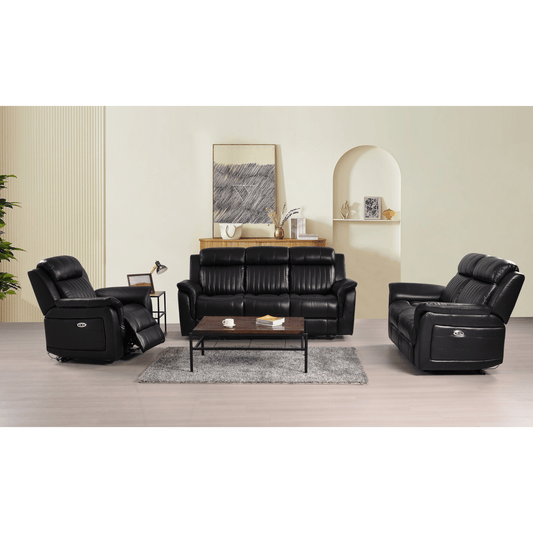 Cidliano black 3+2+1 sofa combo front-facing in a modern roomset with coordinated decor and warm, ambient lighting.
