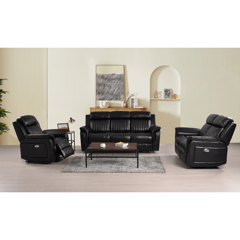 Cidliano black 3+2+1 sofa combo front-facing in a modern roomset with coordinated decor and warm, ambient lighting.