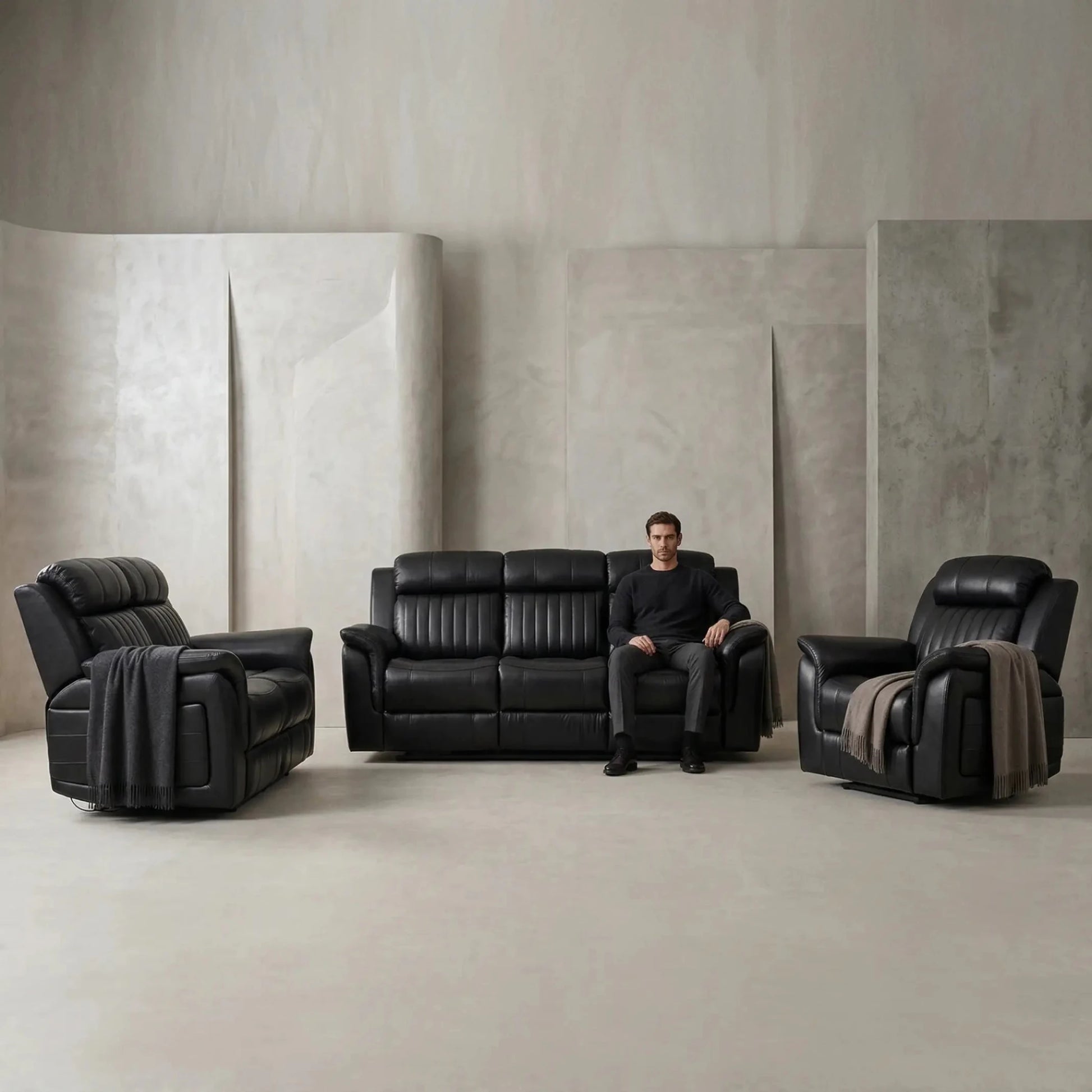 Cidliano Genuine Leather Black Electric Power Recliner 3+2+1 Seater Sofa Set - Furniture Instore
