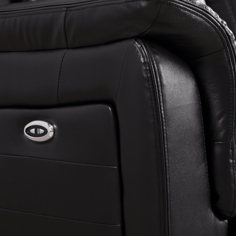 Closeup of Cidliano black armchair showing texture and details on white background.