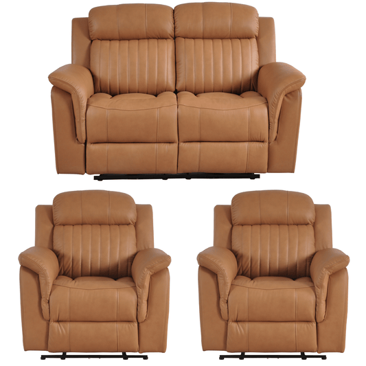 Set of brown leather recliners on a white background