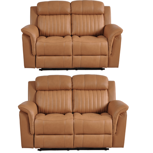 Two brown leather recliners on a white background