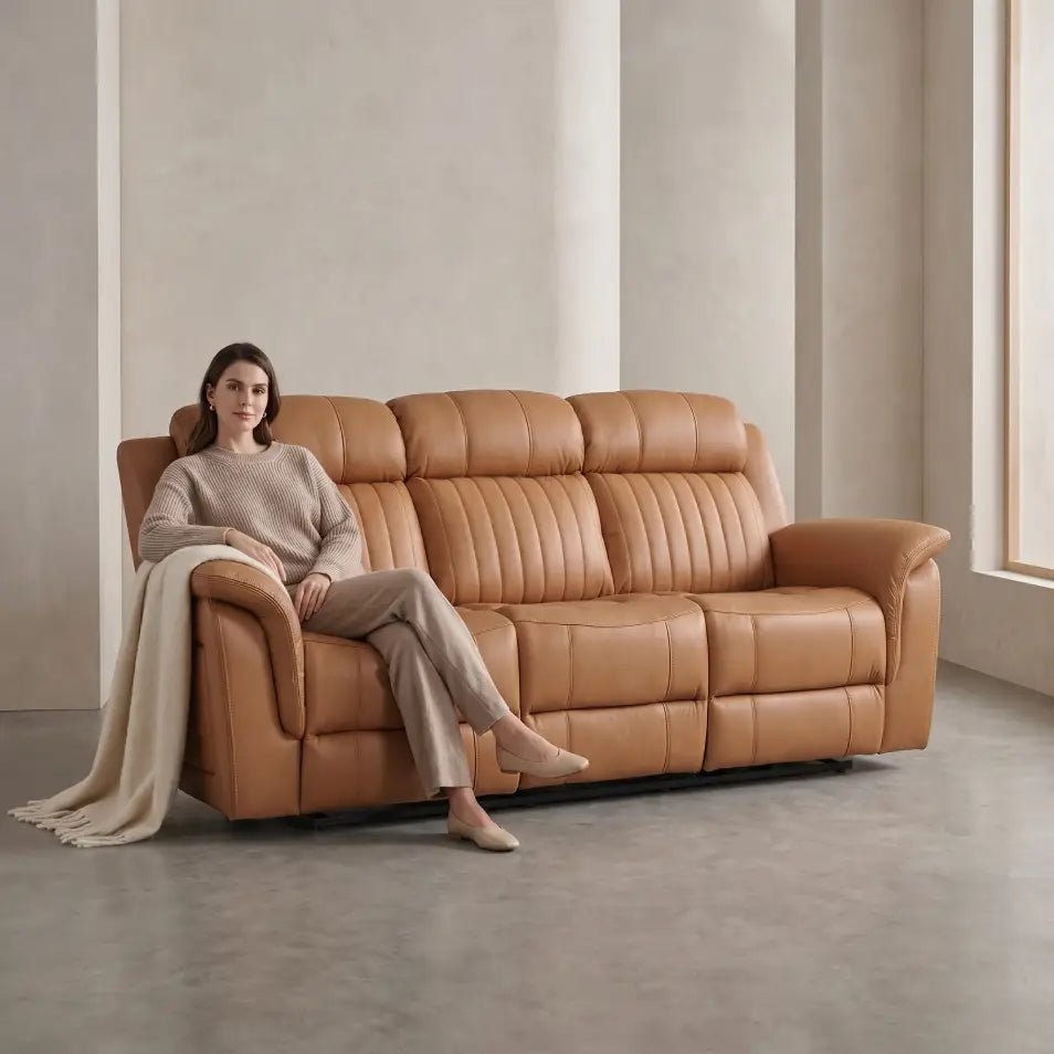 Cidliano Genuine Leather Caramel Electric Power Recliner 3 Seater - Furniture Instore
