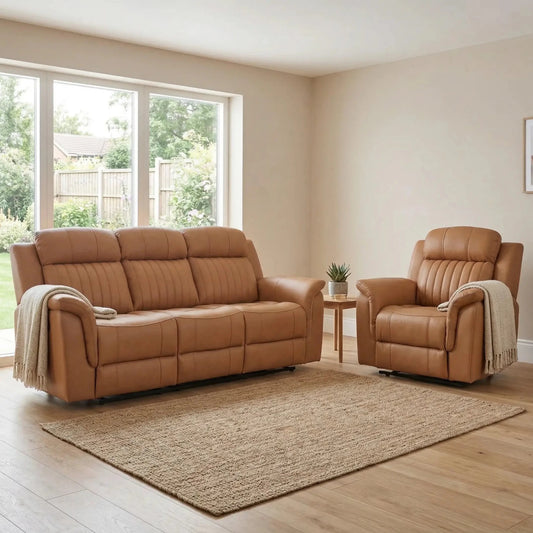 Cidliano Genuine Leather Caramel Electric Power Recliner 3+1 Seater Sofa Set - Furniture Instore