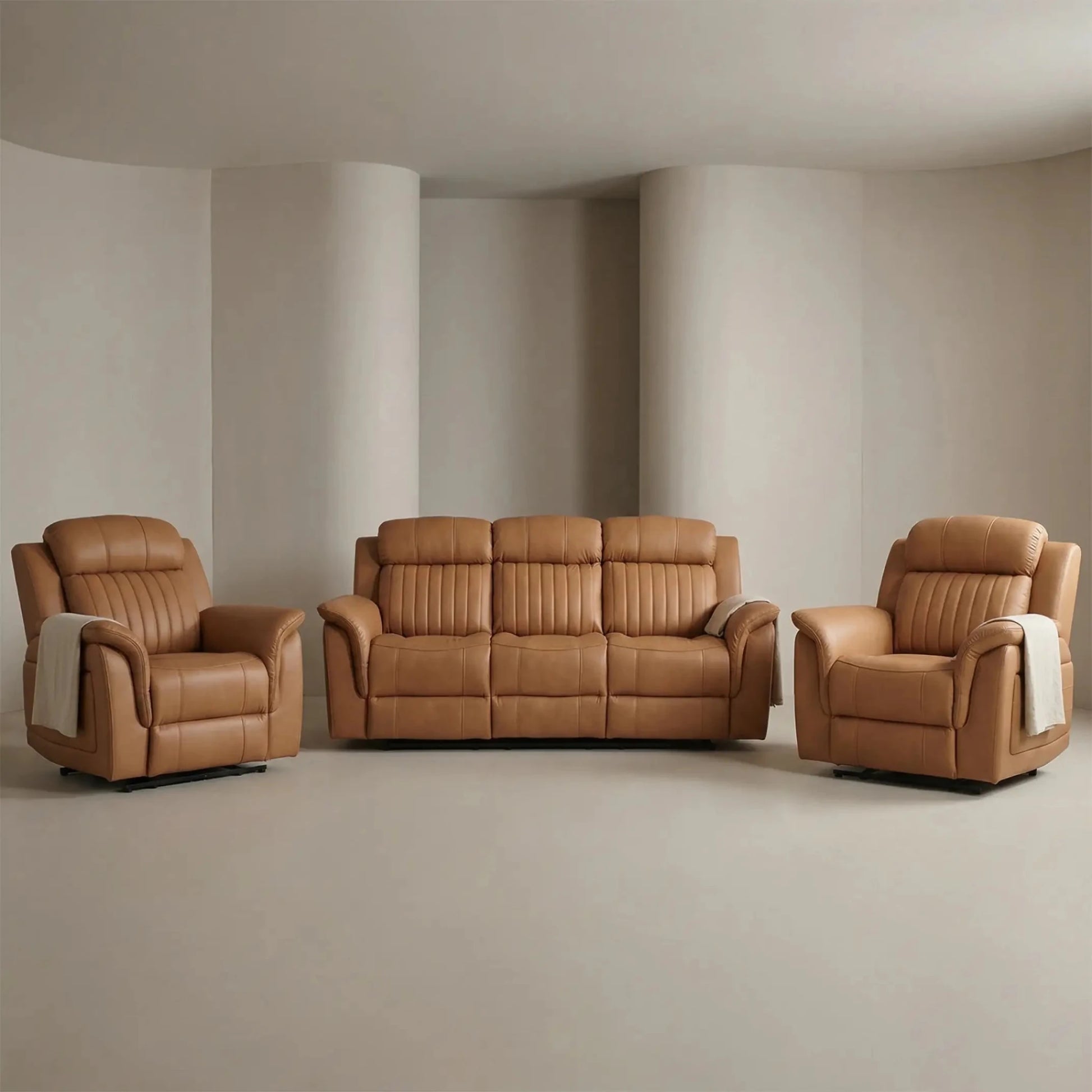 Cidliano Genuine Leather Caramel Electric Power Recliner 3+1+1 Seater Sofa Set - Furniture Instore
