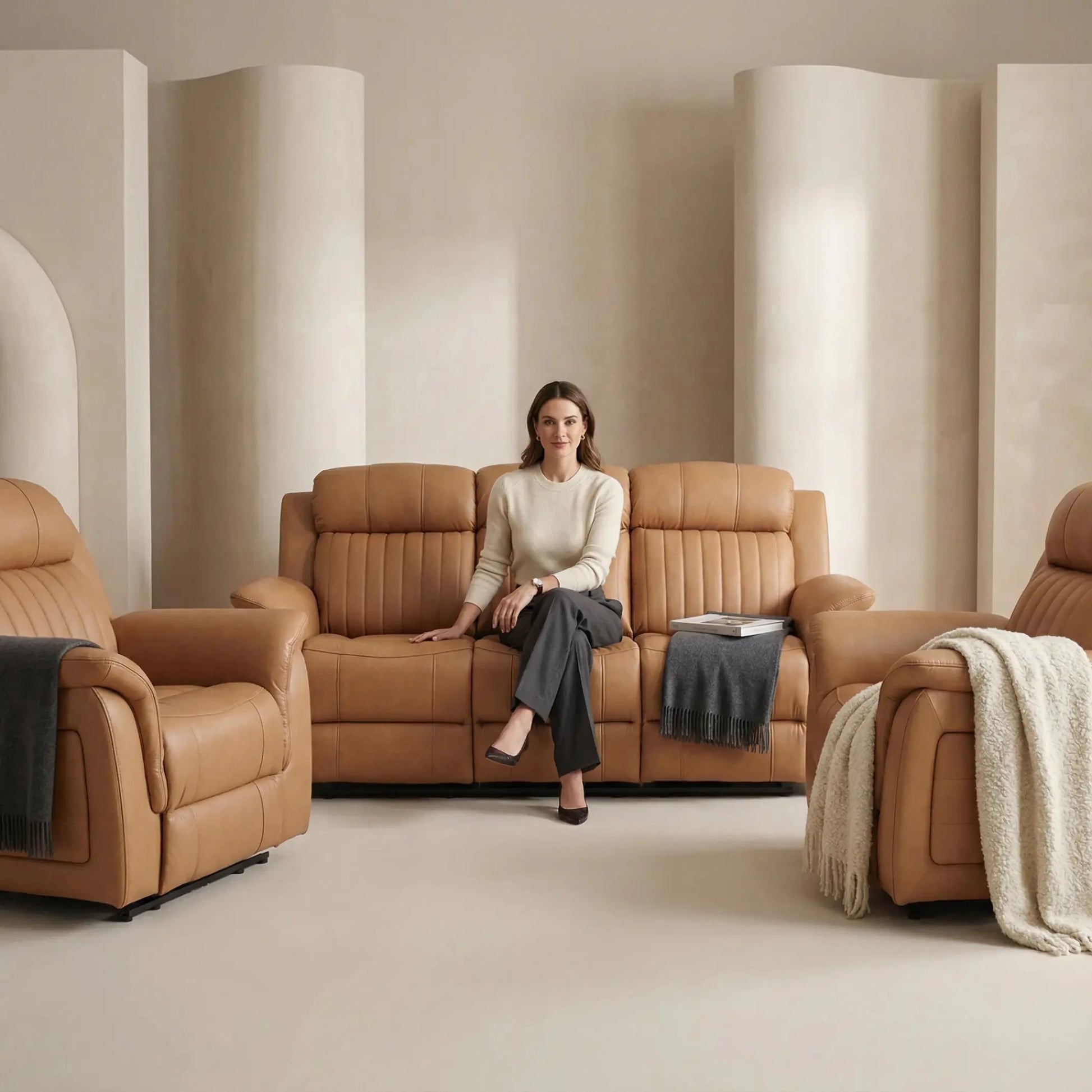 Cidliano Genuine Leather Caramel Electric Power Recliner 3+1+1 Seater Sofa Set - Furniture Instore