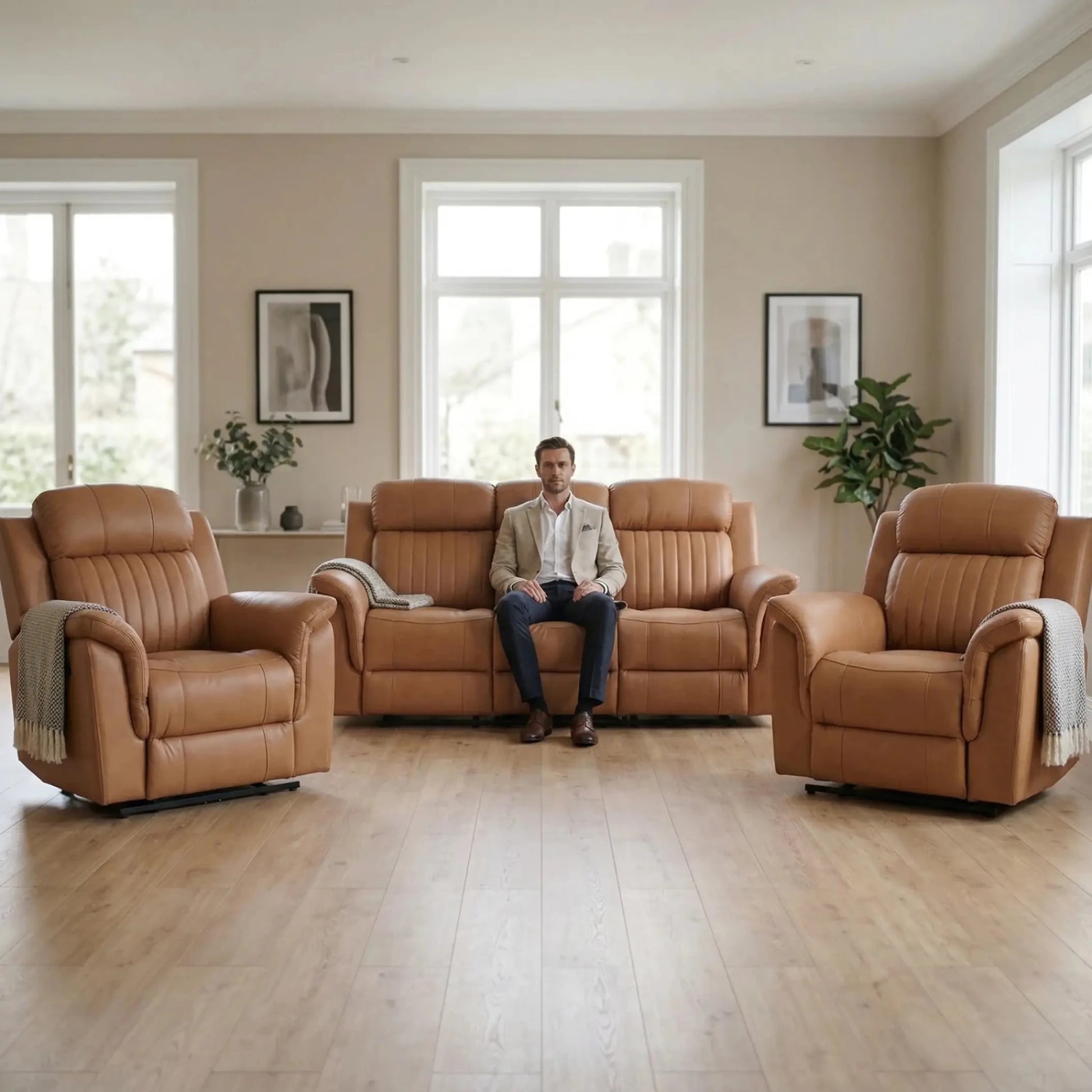 Cidliano Genuine Leather Caramel Electric Power Recliner 3+1+1 Seater Sofa Set - Furniture Instore