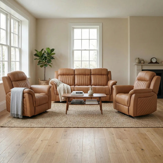 Cidliano Genuine Leather Caramel Electric Power Recliner 3+1+1 Seater Sofa Set - Furniture Instore