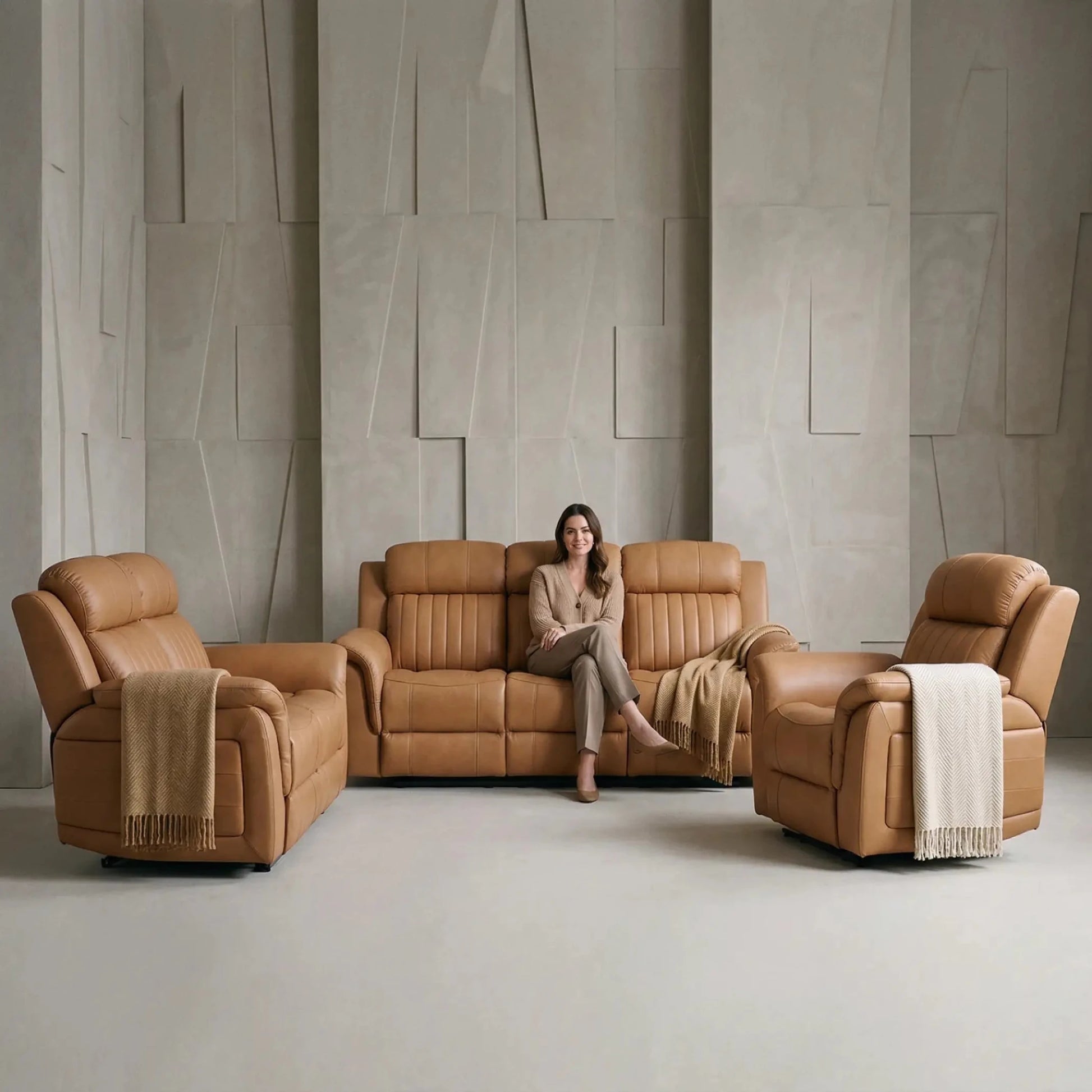 Cidliano Genuine Leather Caramel Electric Power Recliner 3+2+1 Seater Sofa Set - Furniture Instore