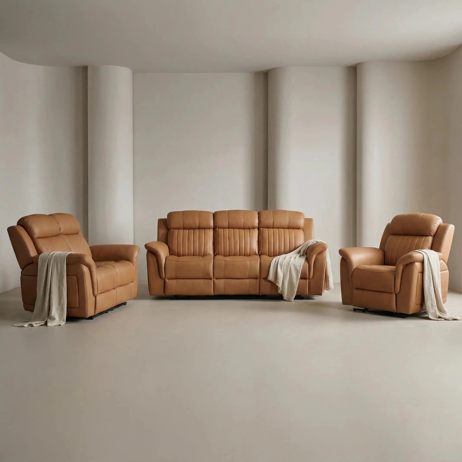 Cidliano Genuine Leather Caramel Electric Power Recliner 3+2+1 Seater Sofa Set - Furniture Instore