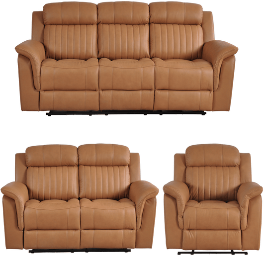 Brown leather sofa set with two recliners on a white background
