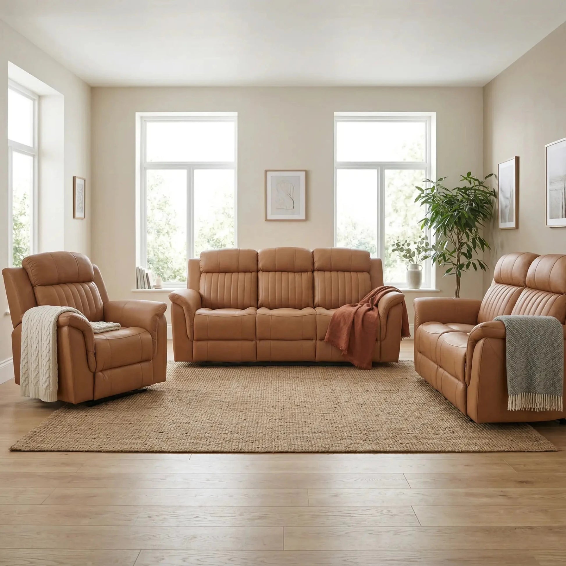 Cidliano Genuine Leather Caramel Electric Power Recliner 3+2+1 Seater Sofa Set - Furniture Instore