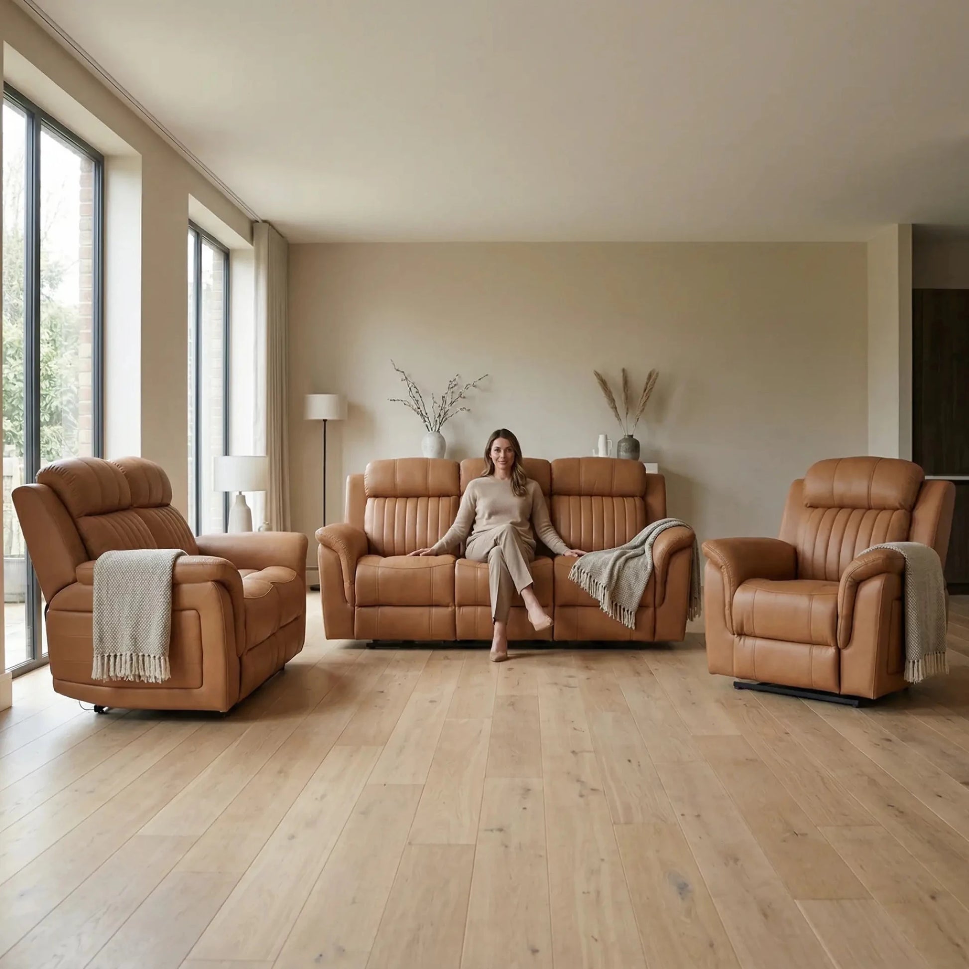 Cidliano Genuine Leather Caramel Electric Power Recliner 3+2+1 Seater Sofa Set - Furniture Instore