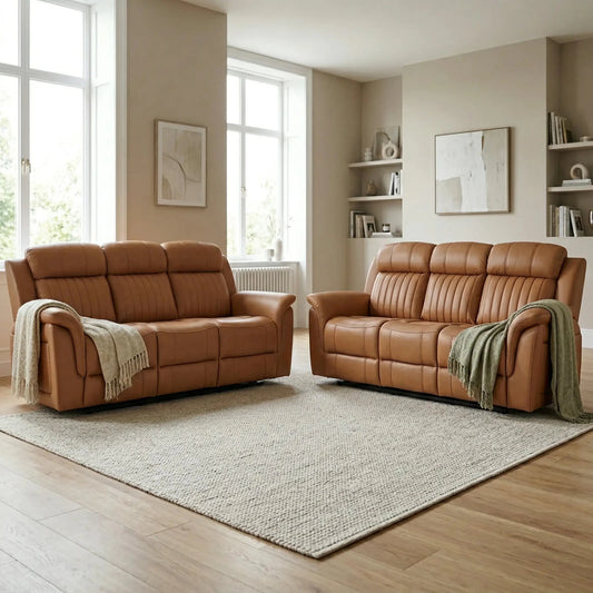 Cidliano Genuine Leather Caramel Electric Power Recliner 3+3 Seater Sofa Set - Furniture Instore