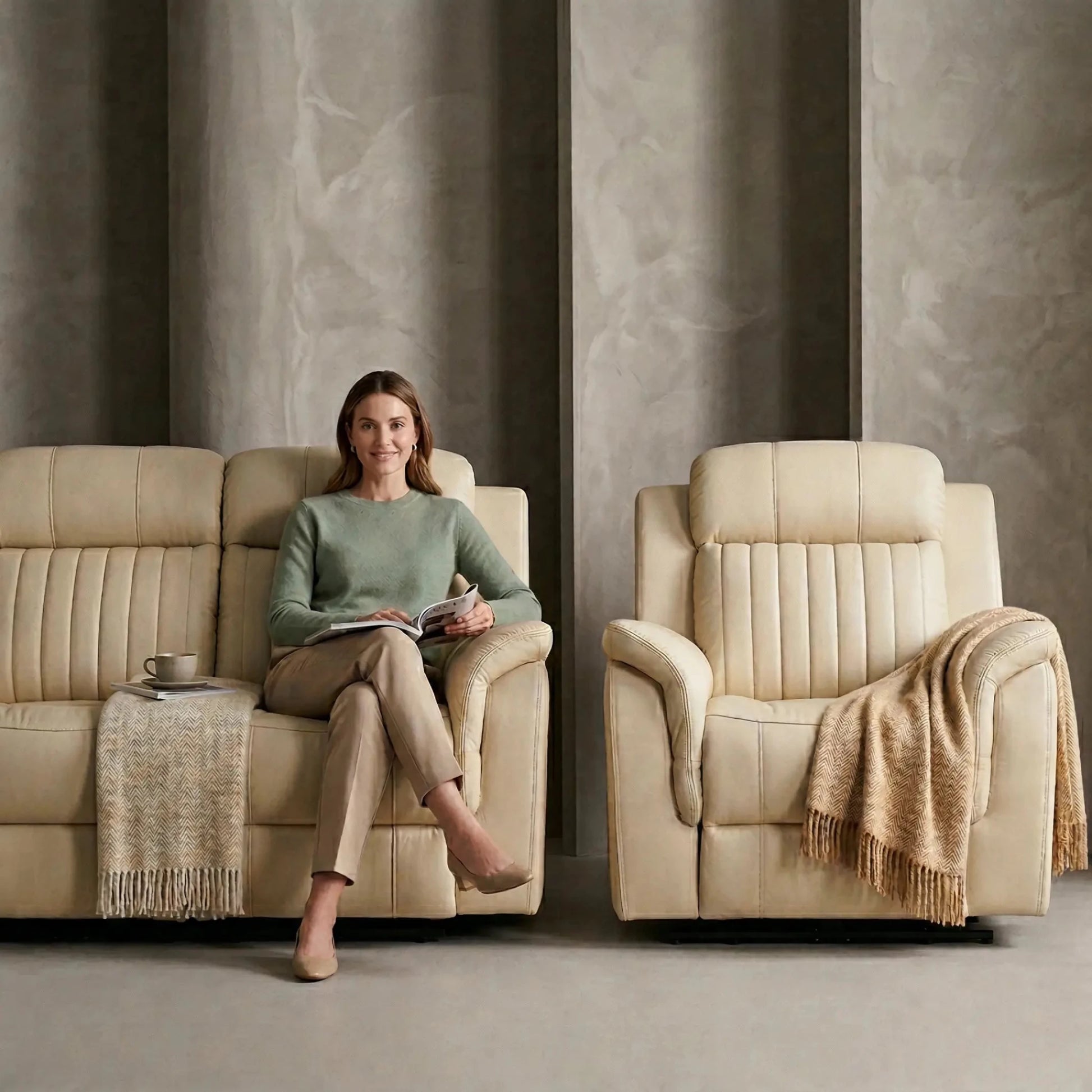 Cidliano Genuine Leather Cream Electric Power Recliner 2+1 Seater Sofa Set - Furniture Instore