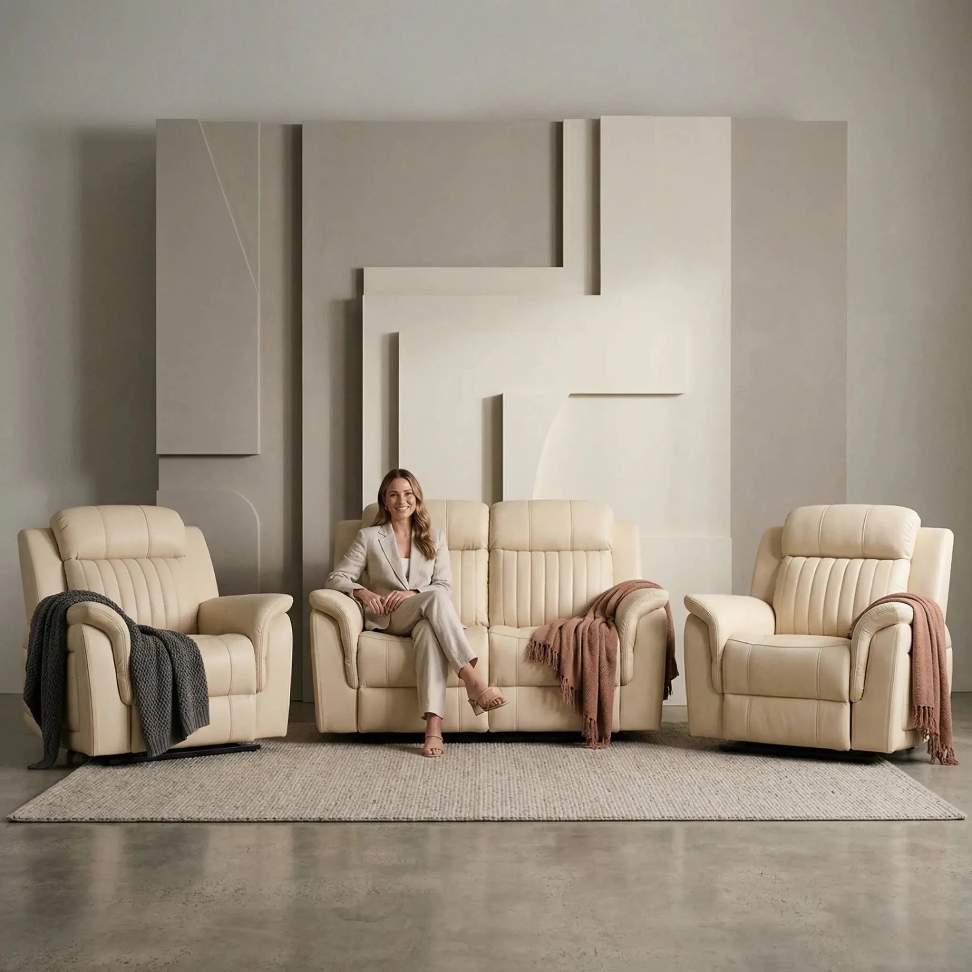 Cidliano Genuine Leather Cream Electric Power Recliner 2+1+1 Seater Sofa Set - Furniture Instore