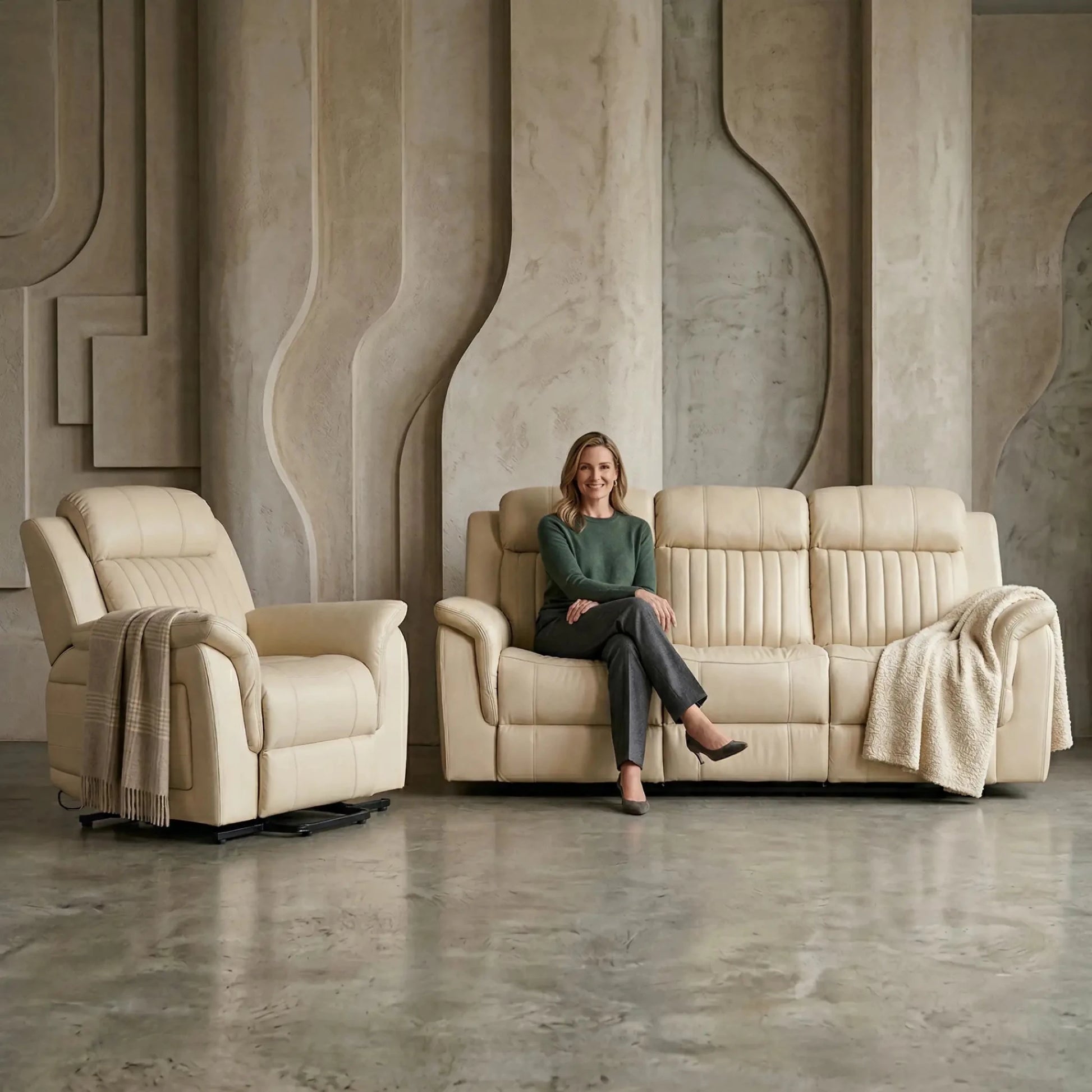 Cidliano Genuine Leather Cream Electric Power Recliner 3+1 Seater Sofa Set - Furniture Instore