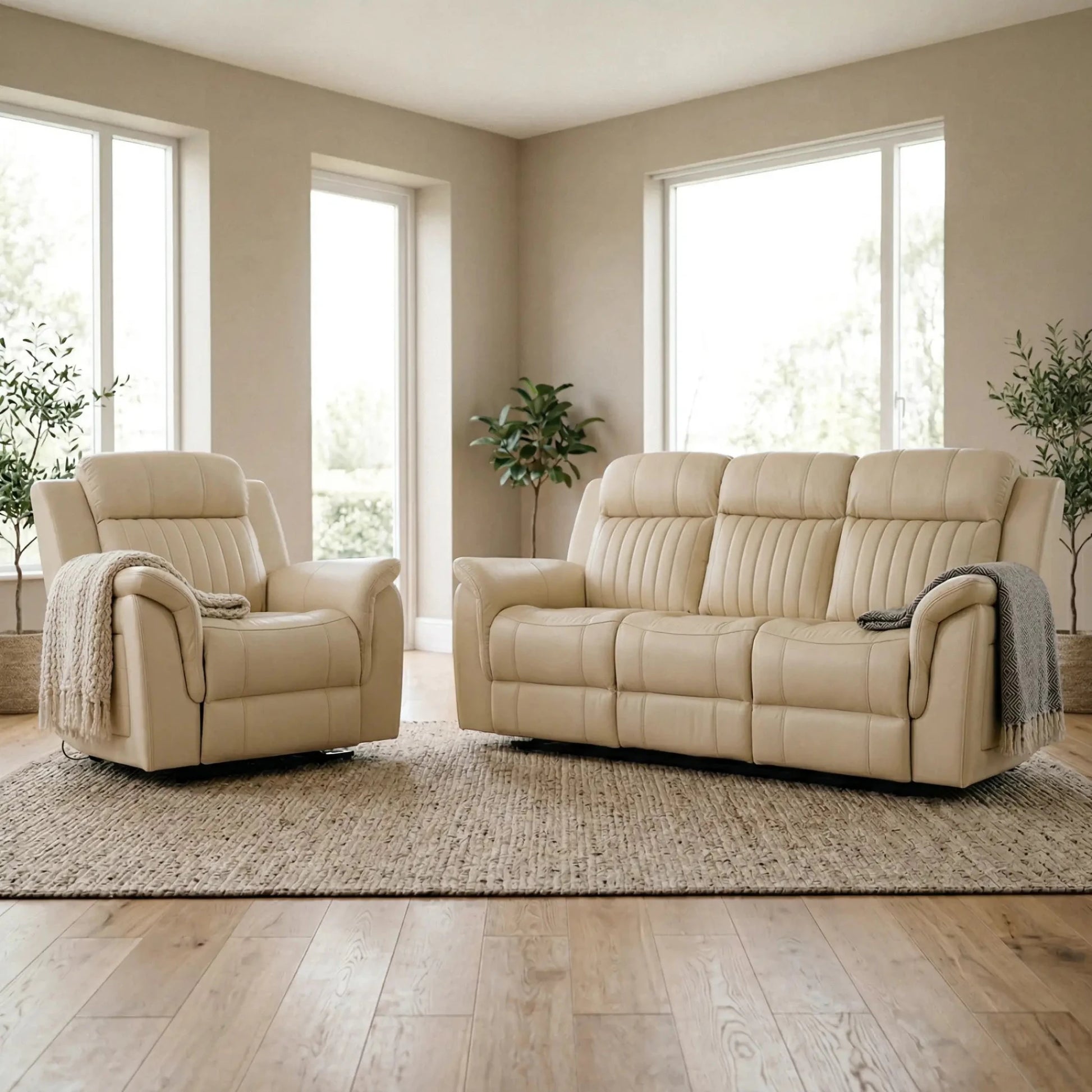 Cidliano Genuine Leather Cream Electric Power Recliner 3+1 Seater Sofa Set - Furniture Instore