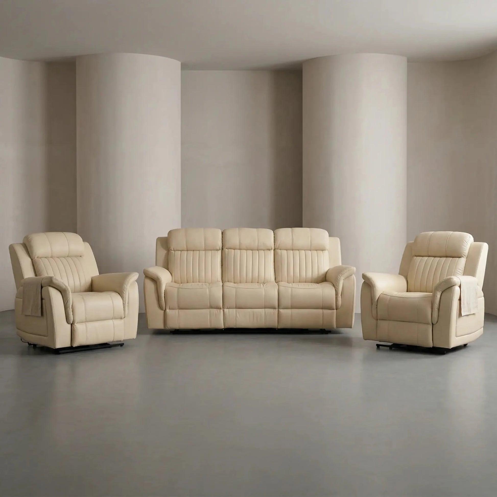 Cidliano Genuine Leather Cream Electric Power Recliner 3+1+1 Seater Sofa Set - Furniture Instore
