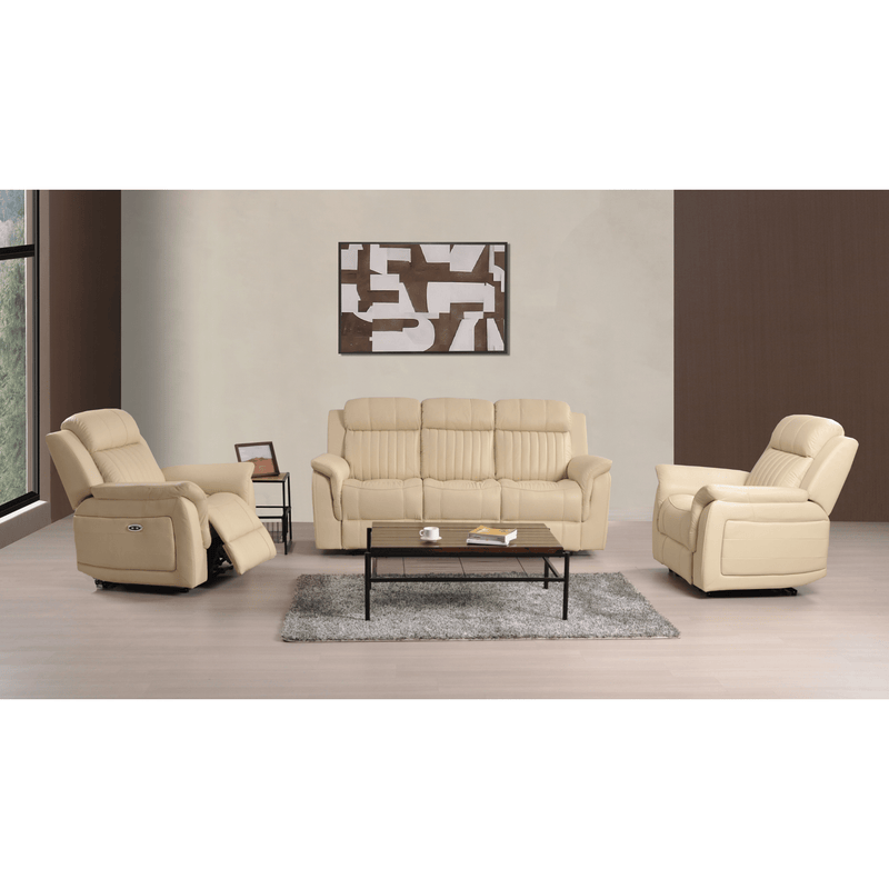 Cidliano Cream 3+1+1 Combo – front-facing cream-colored three-seater sofa with matching armchairs in a modern living room setting.