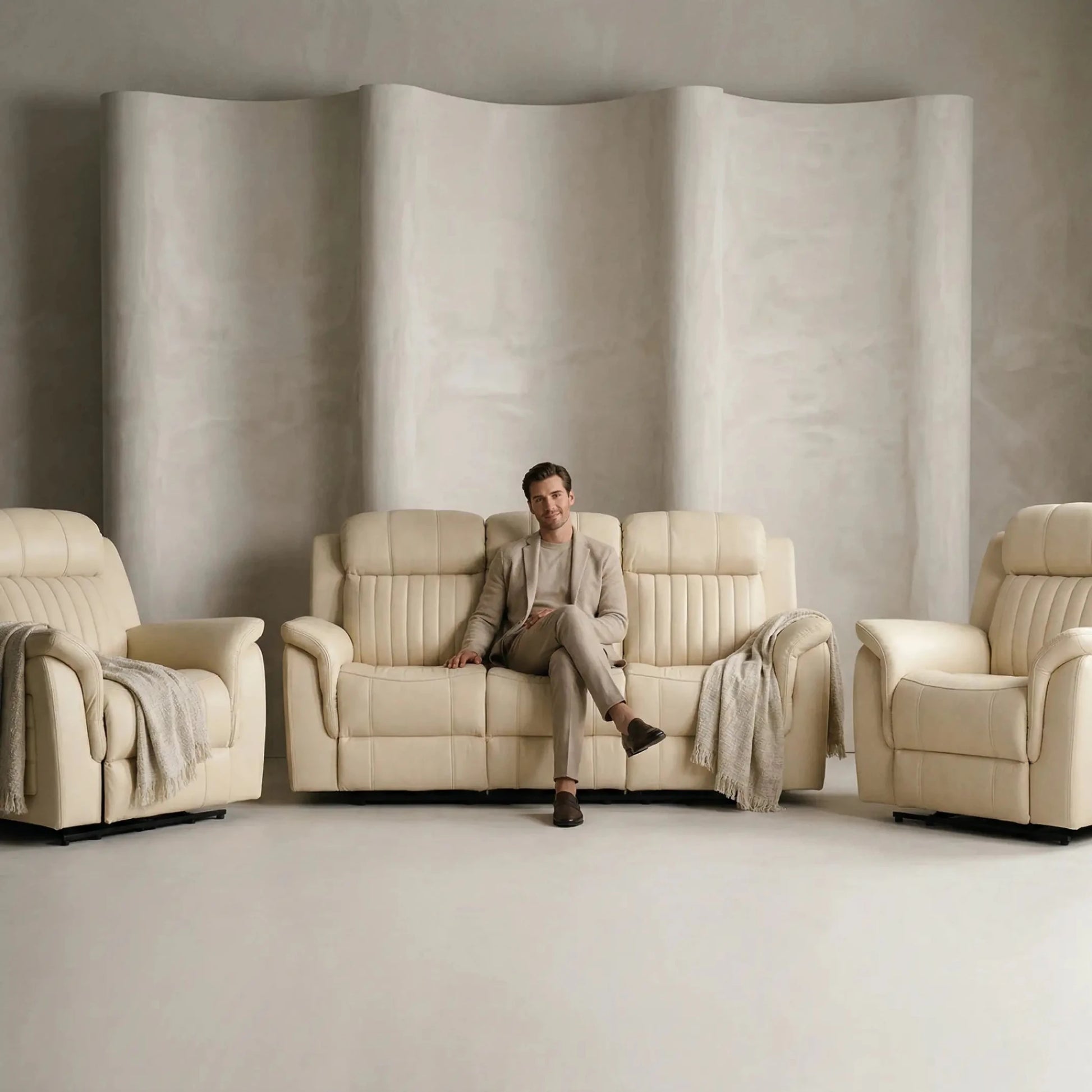 Cidliano Genuine Leather Cream Electric Power Recliner 3+1+1 Seater Sofa Set - Furniture Instore