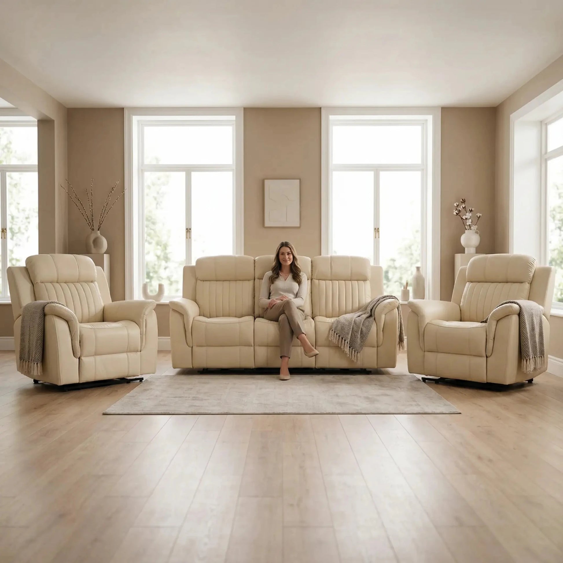 Cidliano Genuine Leather Cream Electric Power Recliner 3+1+1 Seater Sofa Set - Furniture Instore