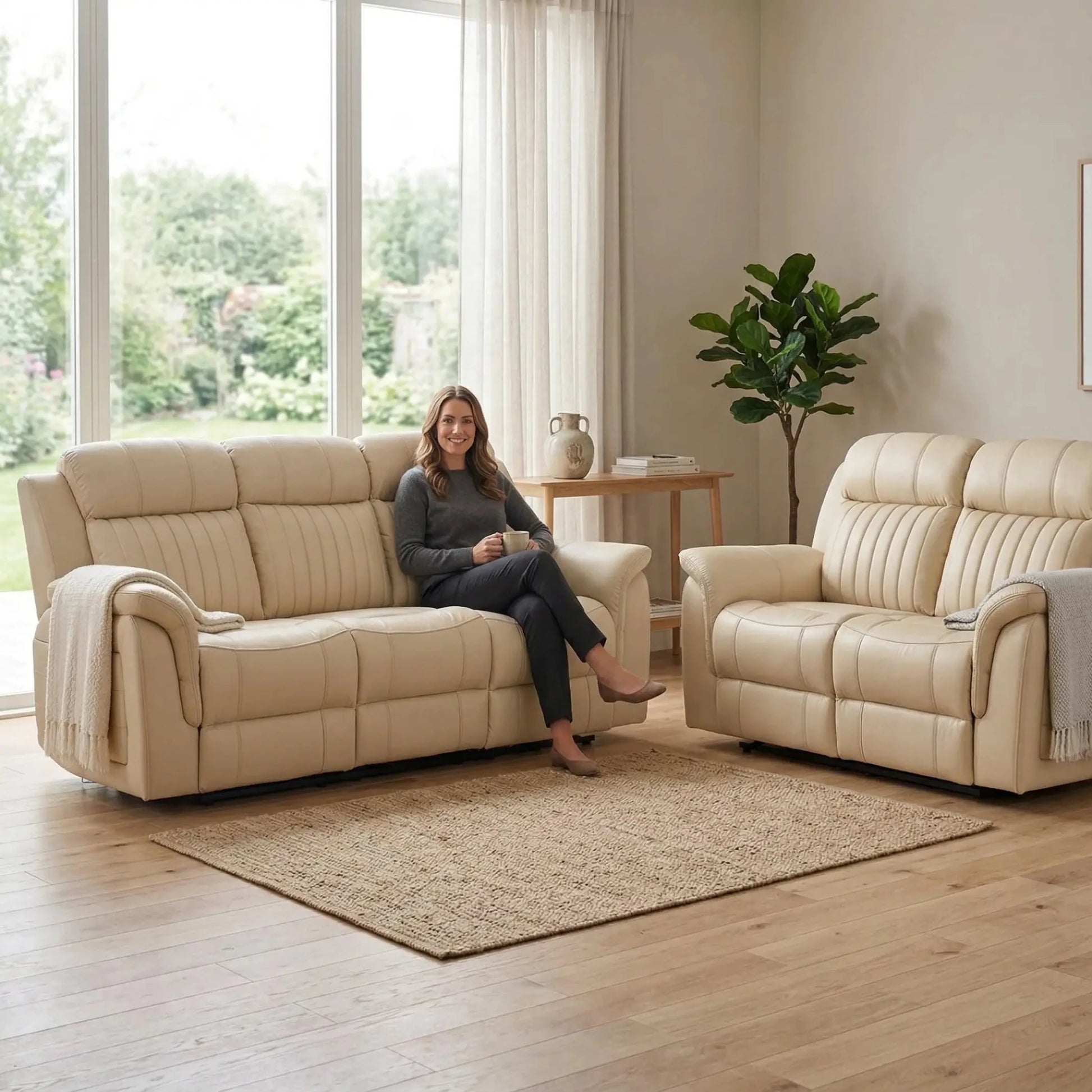 Cidliano Genuine Leather Cream Electric Power Recliner 3+2 Seater Sofa Set - Furniture Instore