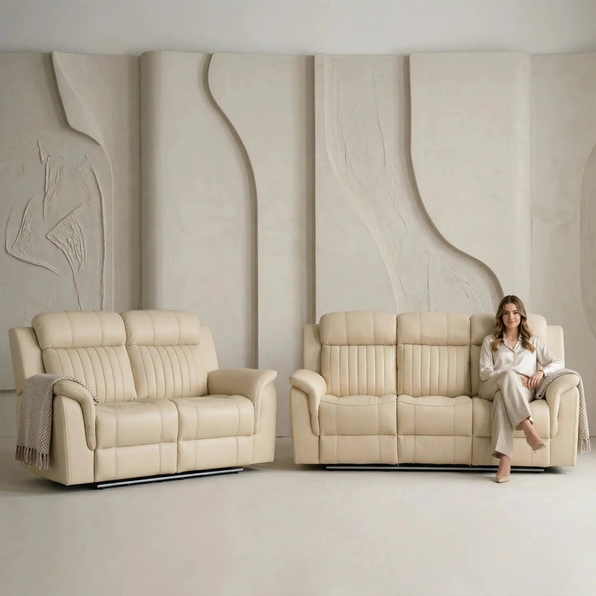 Cidliano Genuine Leather Cream Electric Power Recliner 3+2 Seater Sofa Set - Furniture Instore