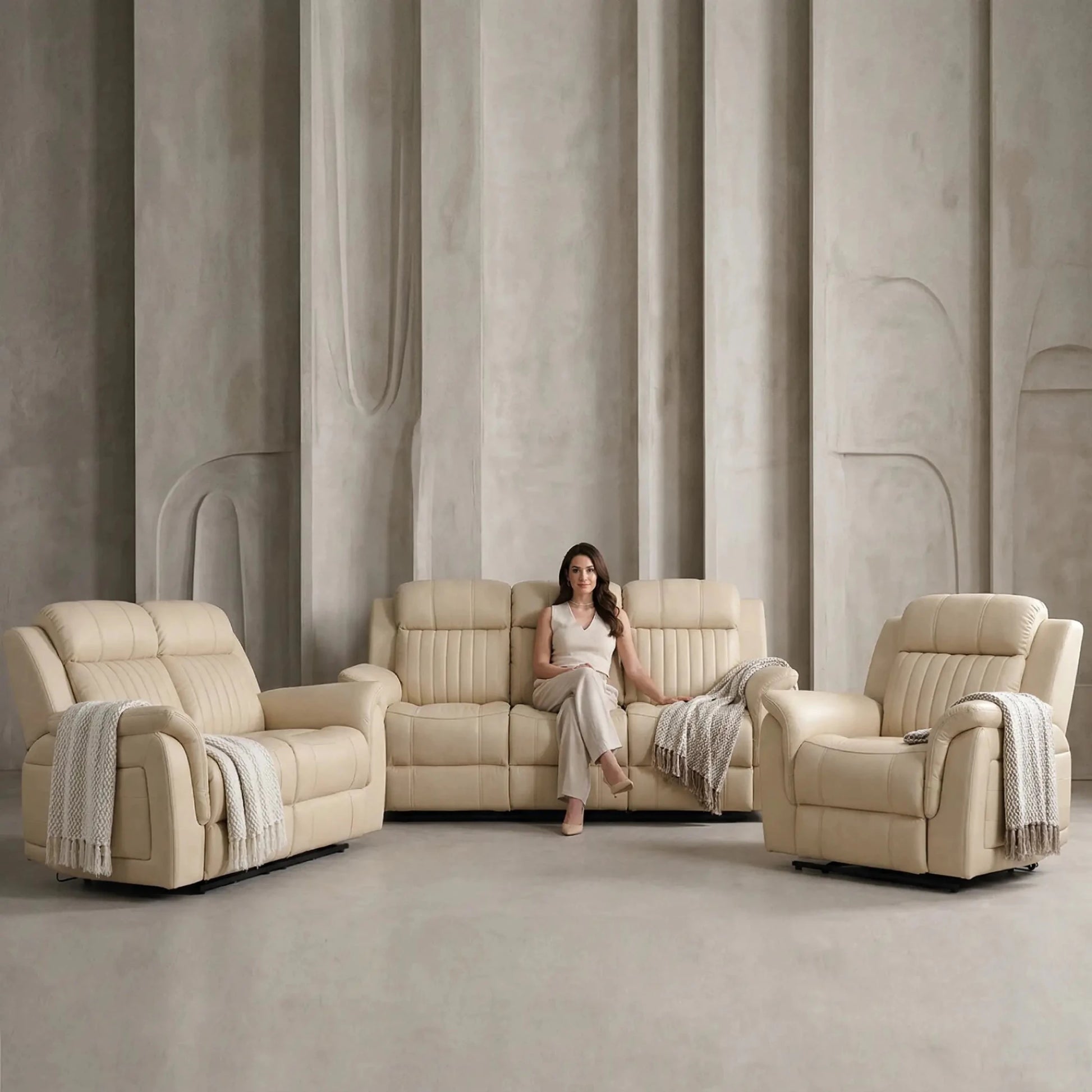 Cidliano Genuine Leather Cream Electric Power Recliner 3+2+1 Seater Sofa Set - Furniture Instore
