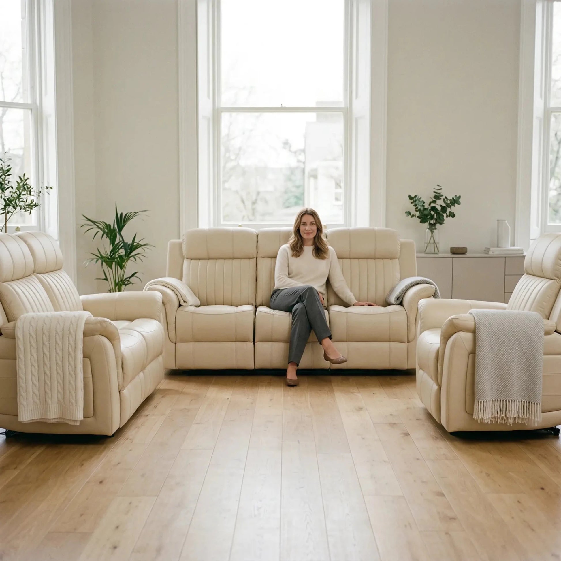 Cidliano Genuine Leather Cream Electric Power Recliner 3+2+1 Seater Sofa Set - Furniture Instore