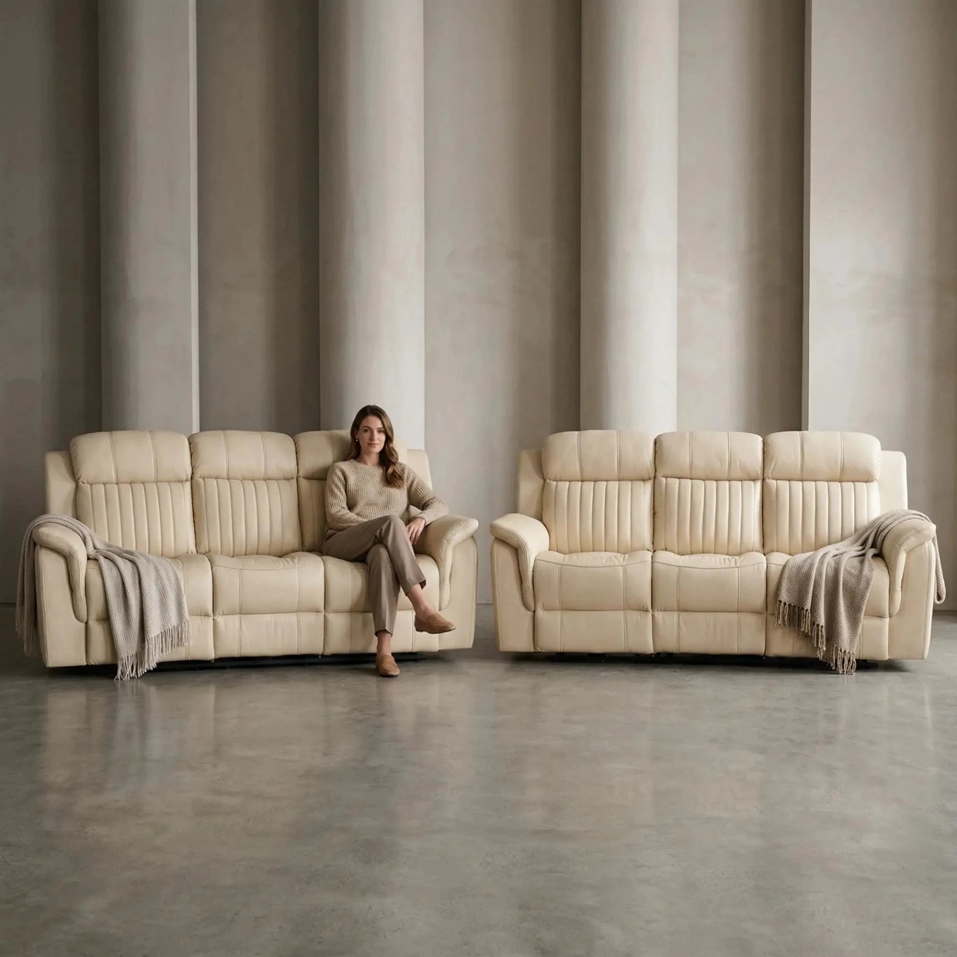 Cidliano Genuine Leather Cream Electric Power Recliner 3+3 Seater Sofa Set - Furniture Instore