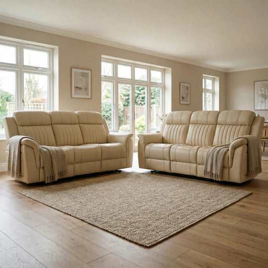 Cidliano Genuine Leather Cream Electric Power Recliner 3+3 Seater Sofa Set - Furniture Instore