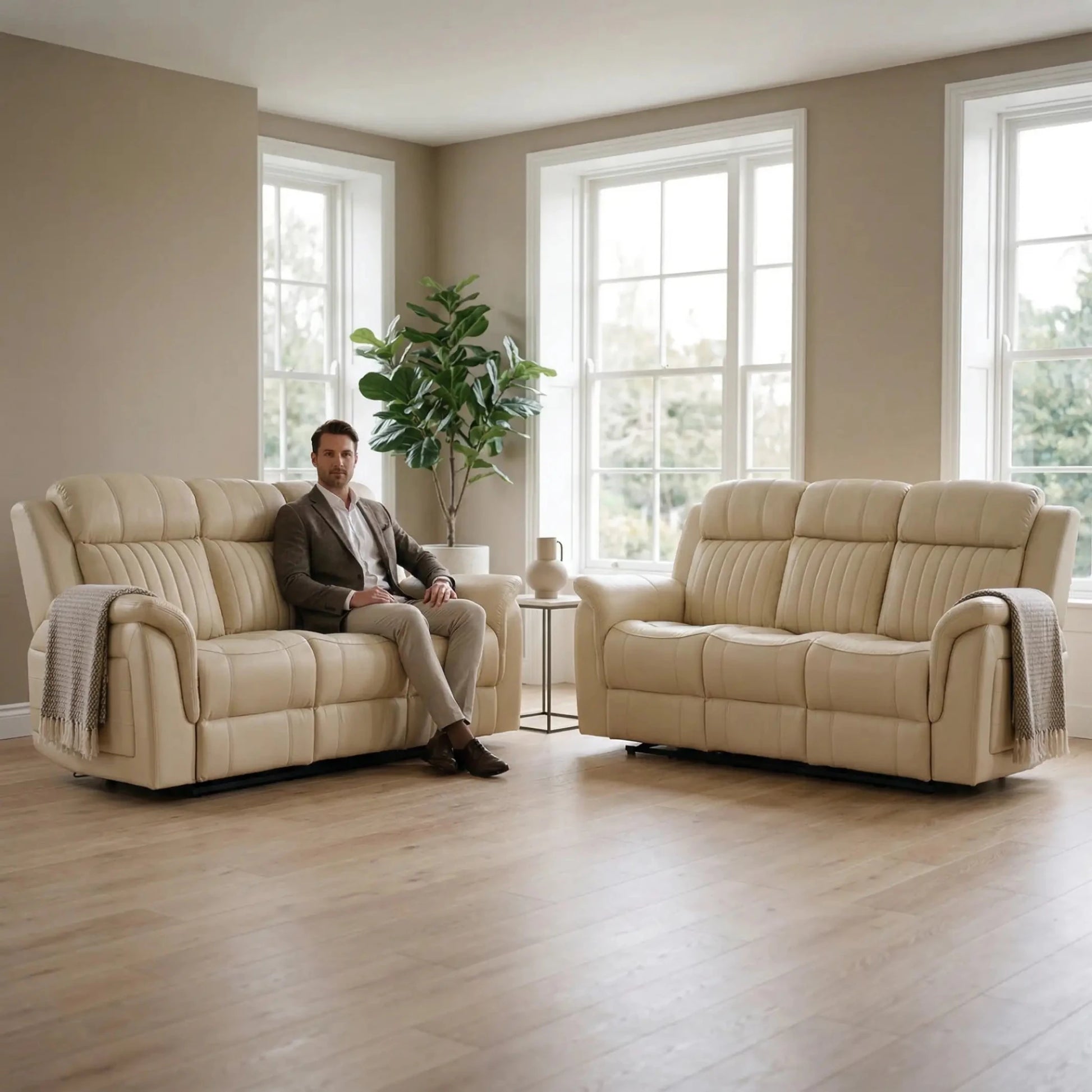 Cidliano Genuine Leather Cream Electric Power Recliner 3+3 Seater Sofa Set - Furniture Instore