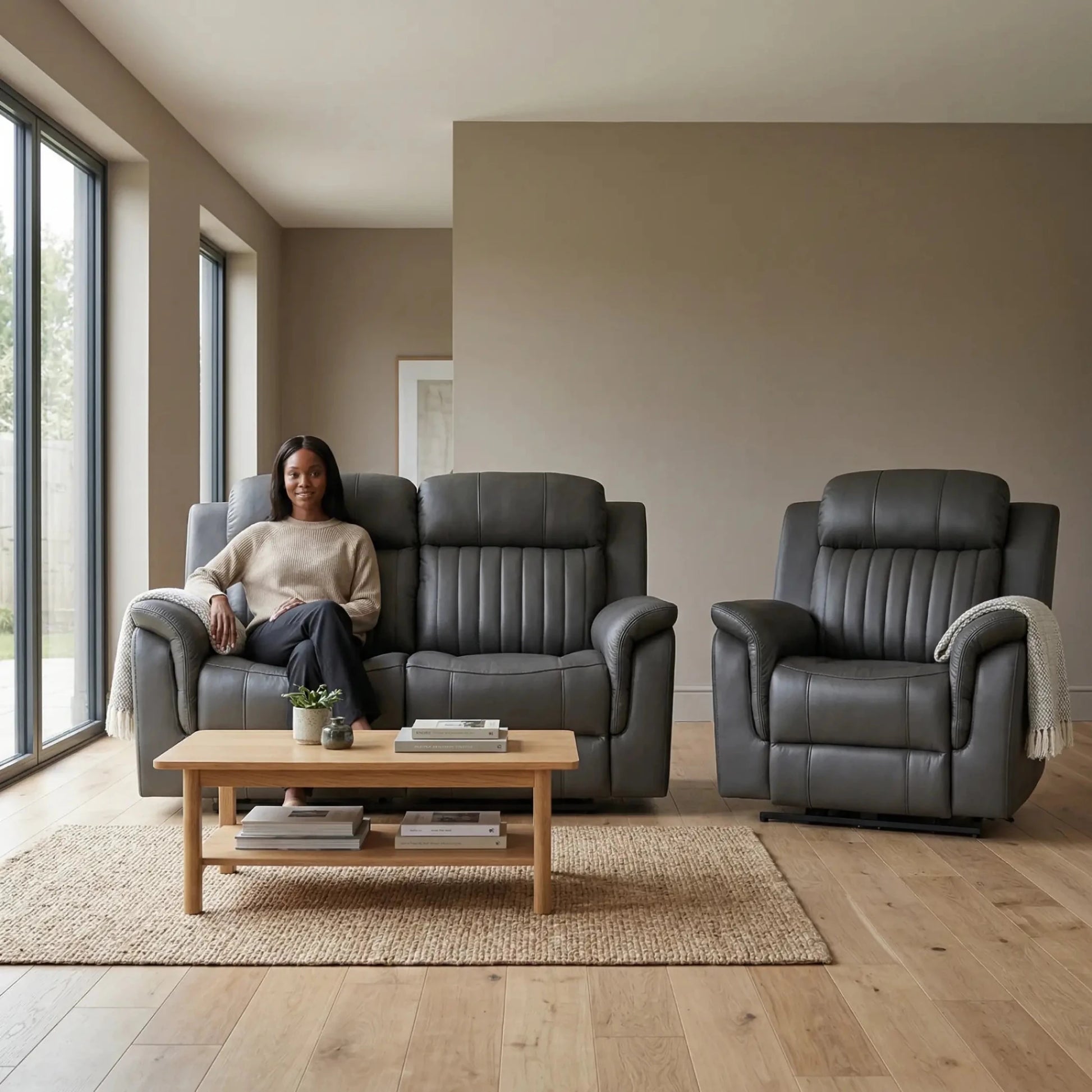Cidliano Genuine Leather Grey Electric Power Recliner 2+1 Seater Sofa Set - Furniture Instore