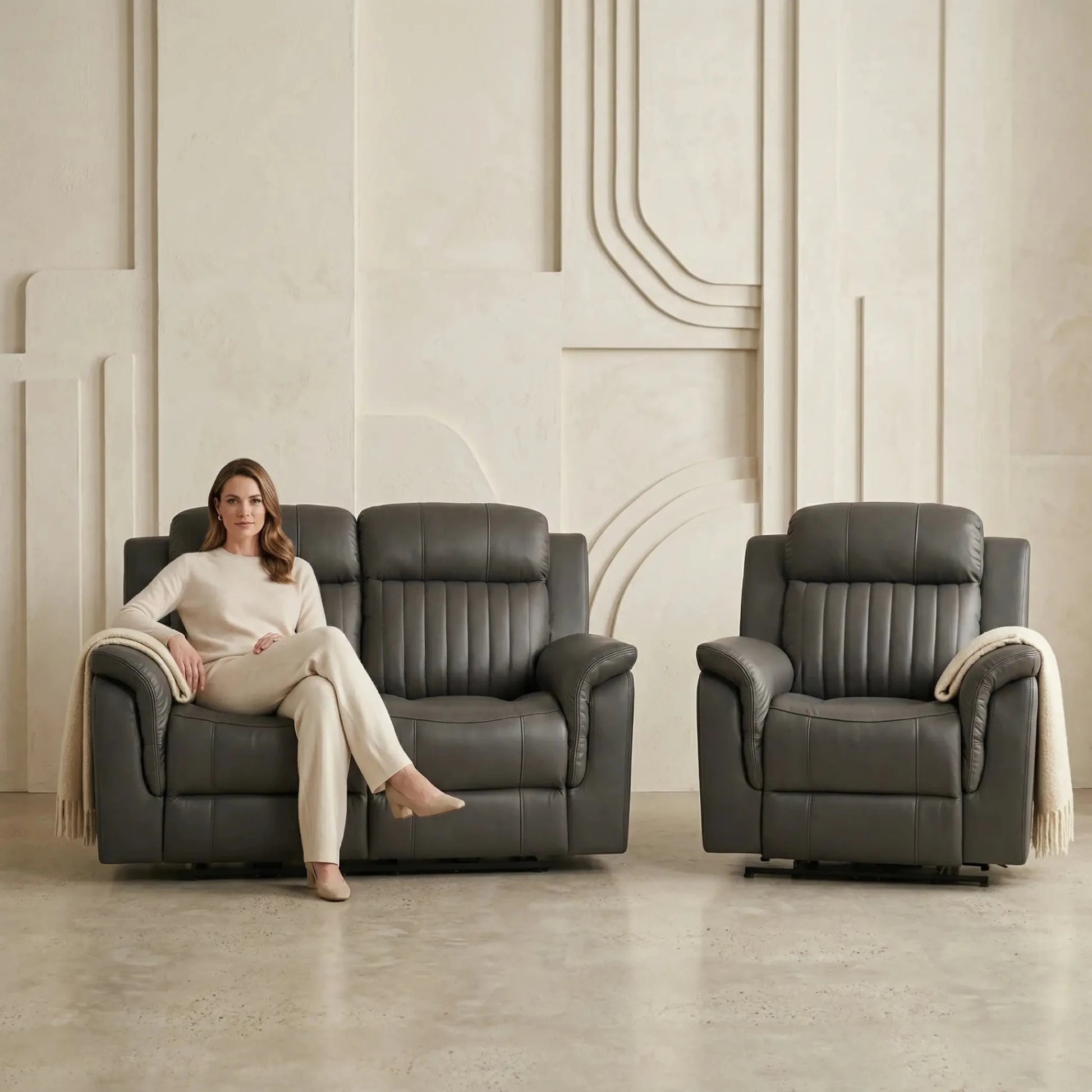 Cidliano Genuine Leather Grey Electric Power Recliner 2+1 Seater Sofa Set - Furniture Instore