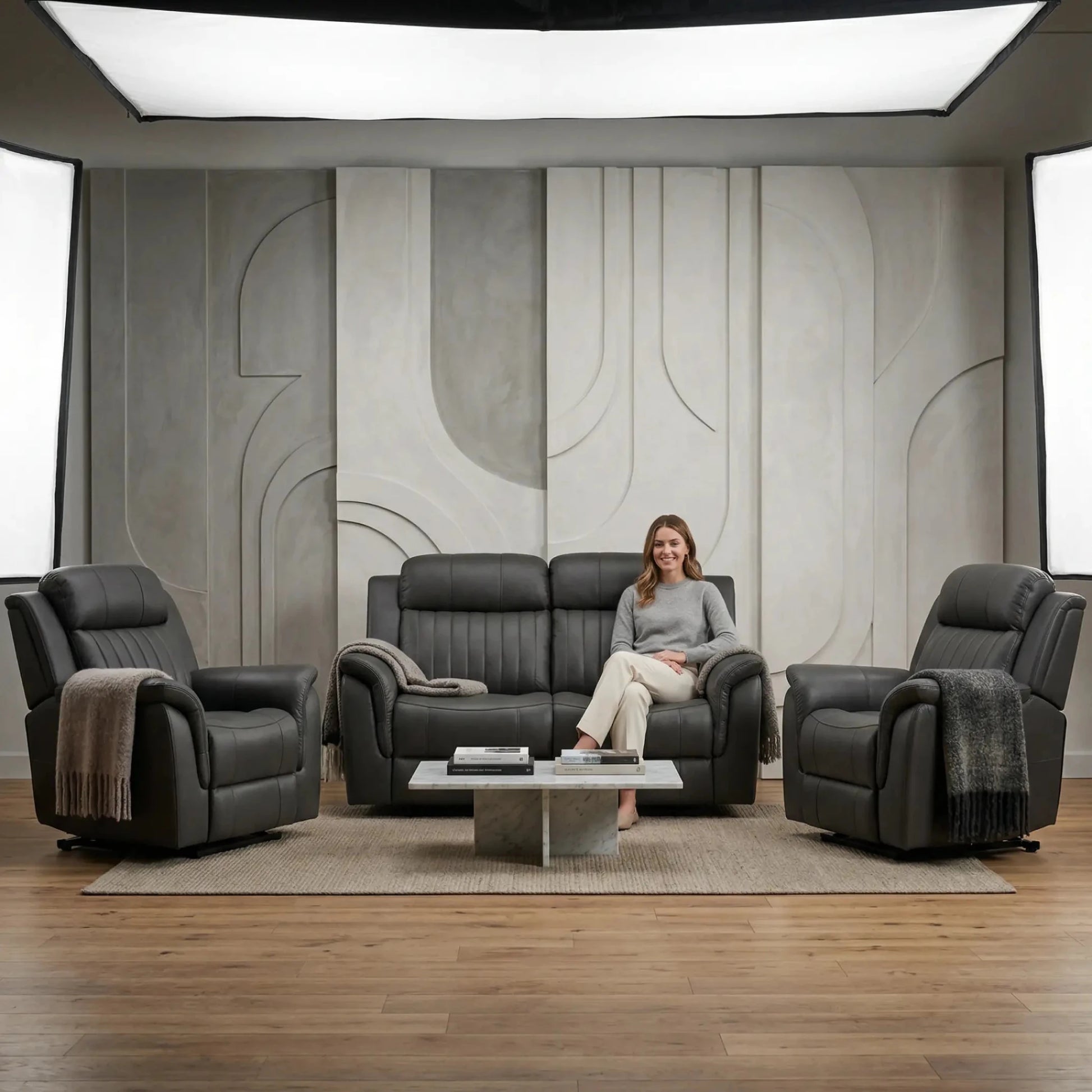 Cidliano Genuine Leather Grey Electric Power Recliner 2+1+1 Seater Sofa Set - Furniture Instore