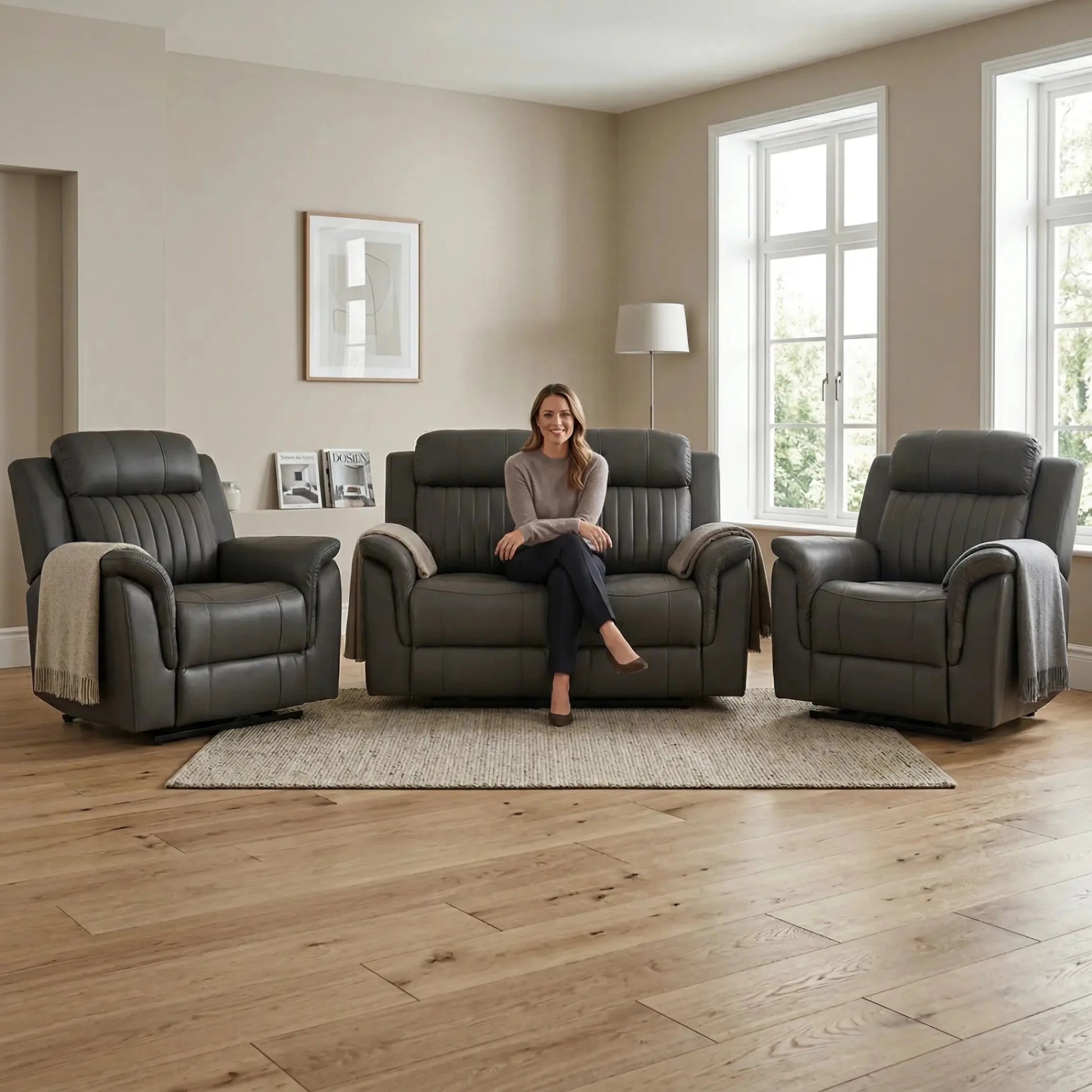 Cidliano Genuine Leather Grey Electric Power Recliner 2+1+1 Seater Sofa Set - Furniture Instore