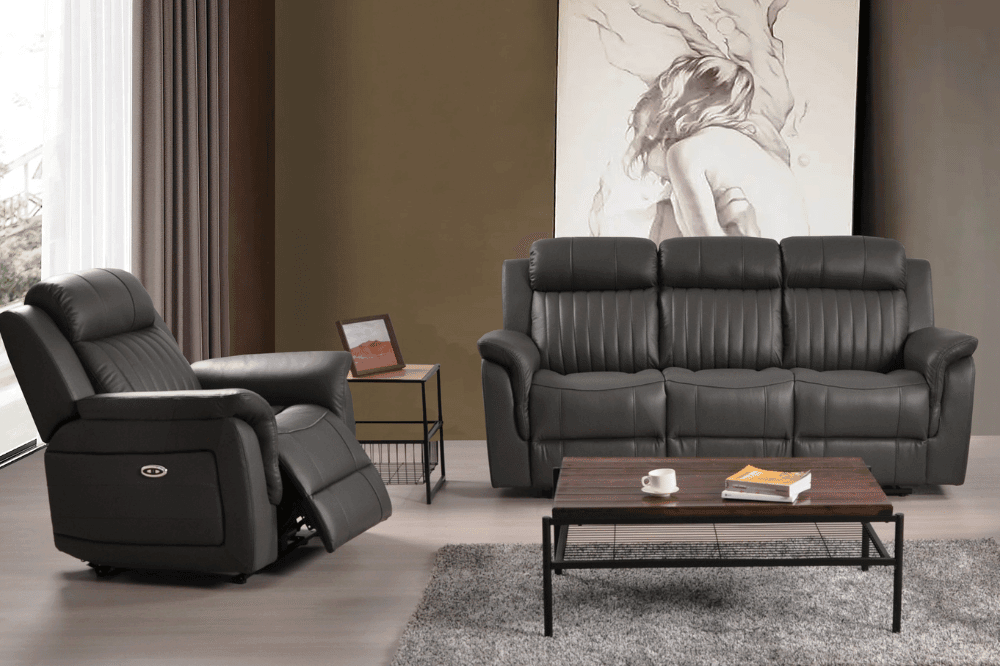 Cidliano Genuine Leather Grey Electric Power Recliner 3+1 Seater Sofa Set