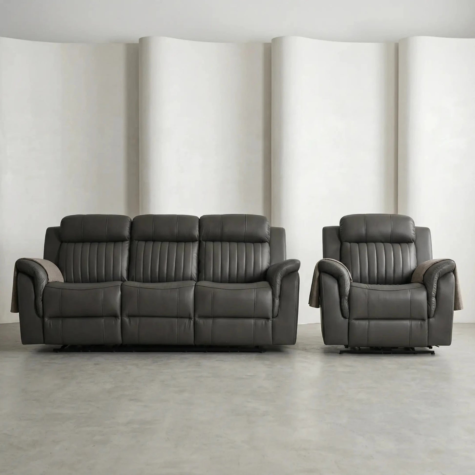 Cidliano Genuine Leather Grey Electric Power Recliner 3+1 Seater Sofa Set - Furniture Instore